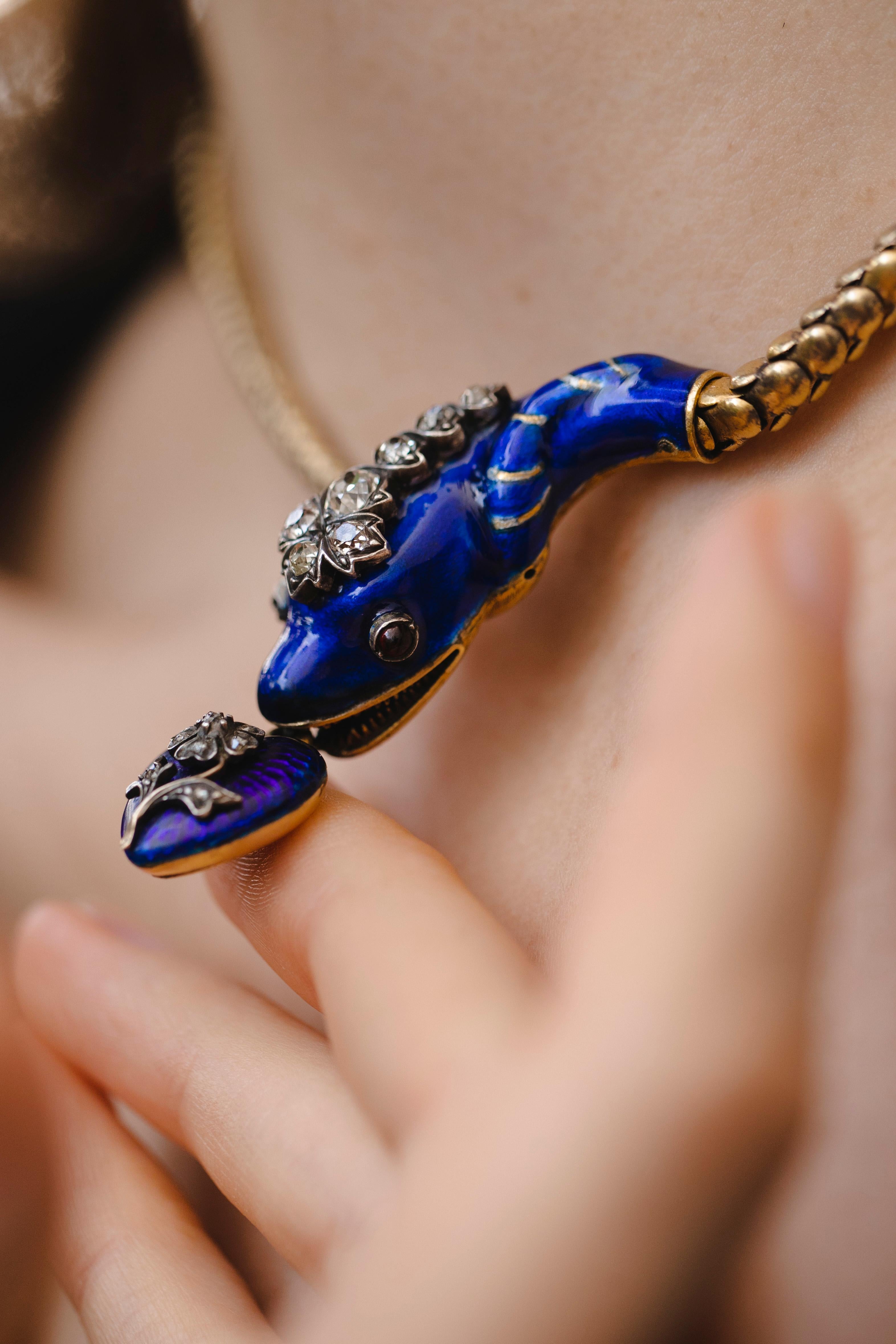 Victorian Snake Necklace Bracelet Enamel Diamonds Heart, 1840 2