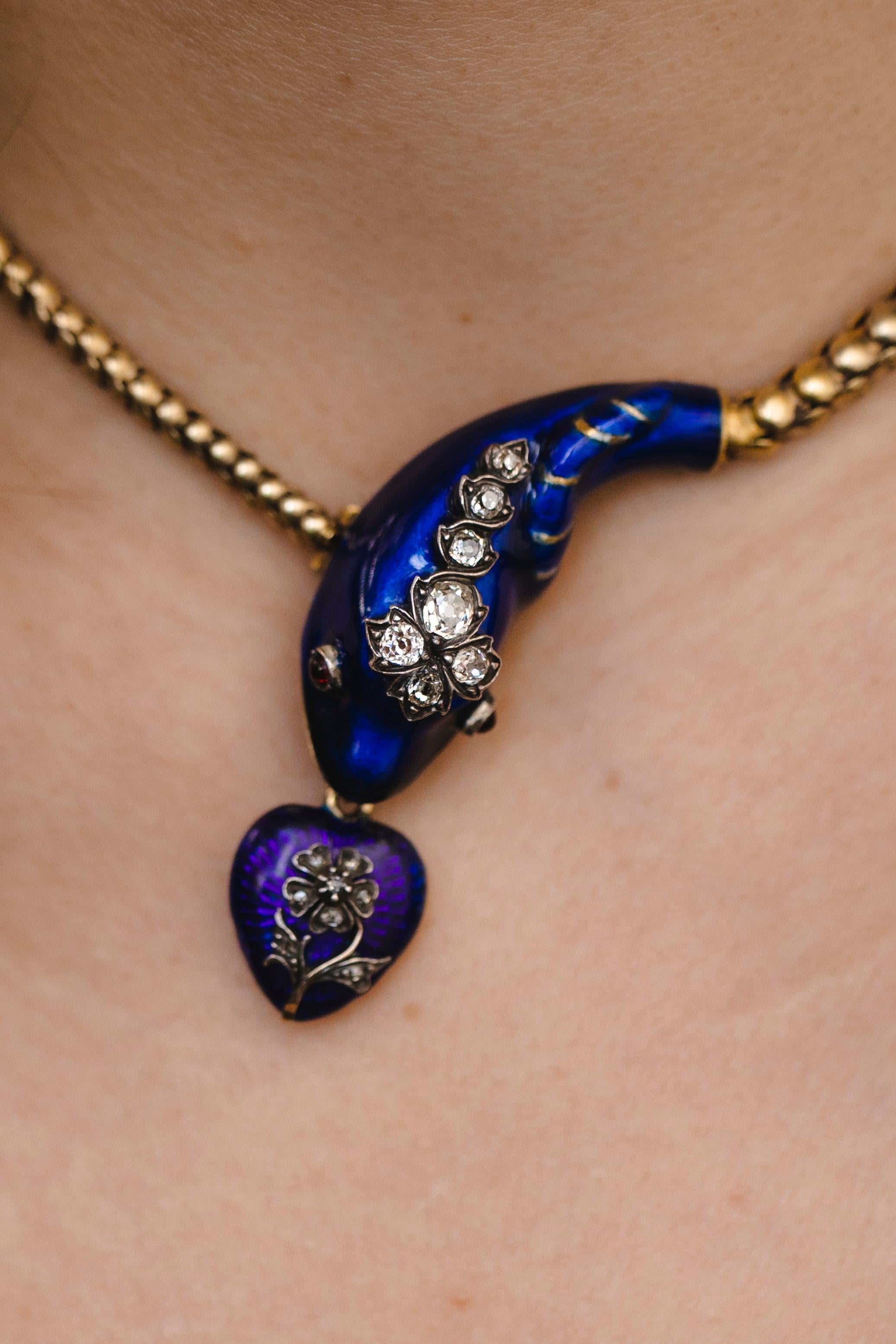 Old Mine Cut Victorian Snake Necklace Bracelet Enamel Diamonds Heart, 1840