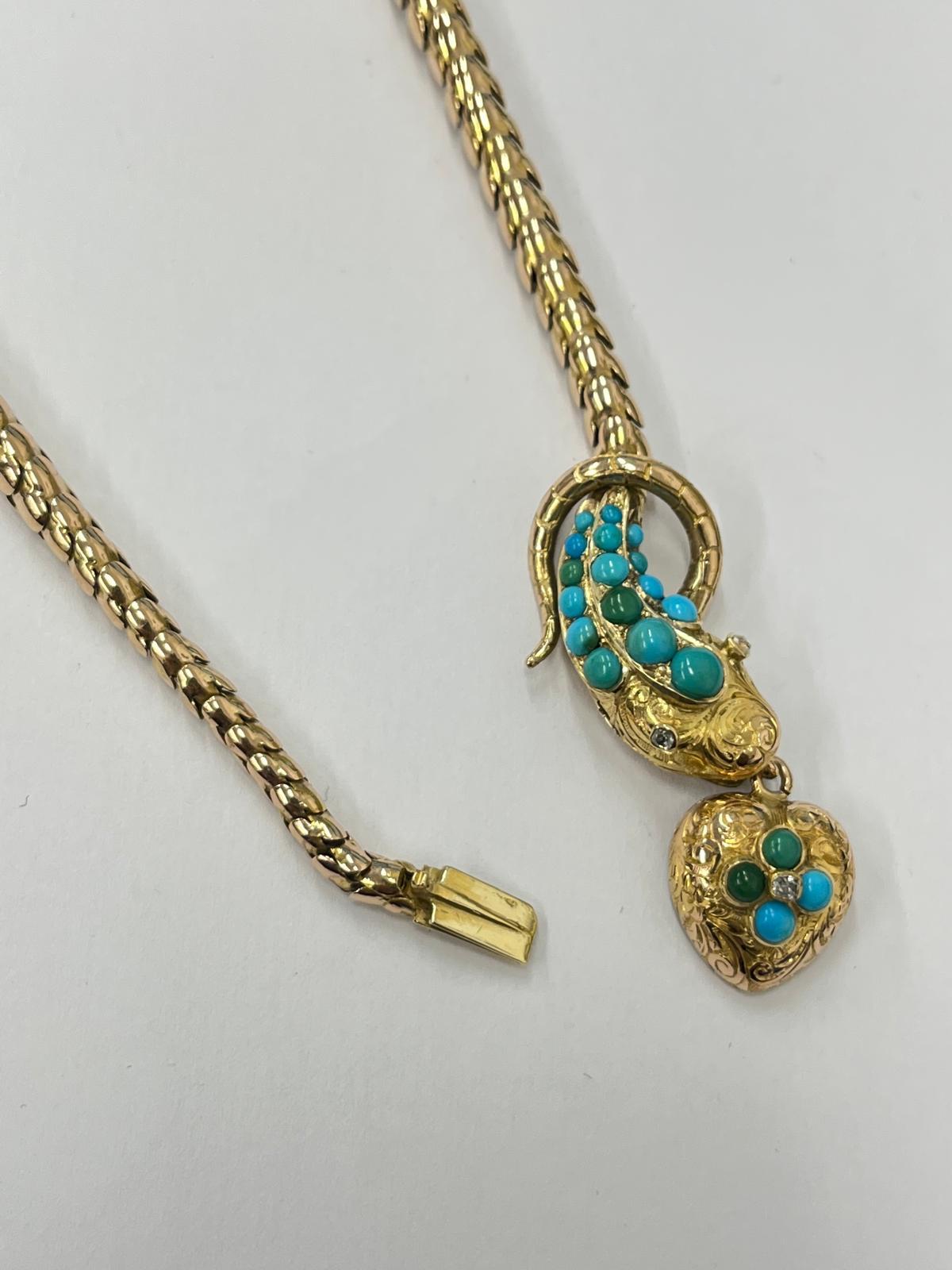 Victorian Snake Necklace With Turquoise & Rubies in 14k Gold In Excellent Condition For Sale In London, GB