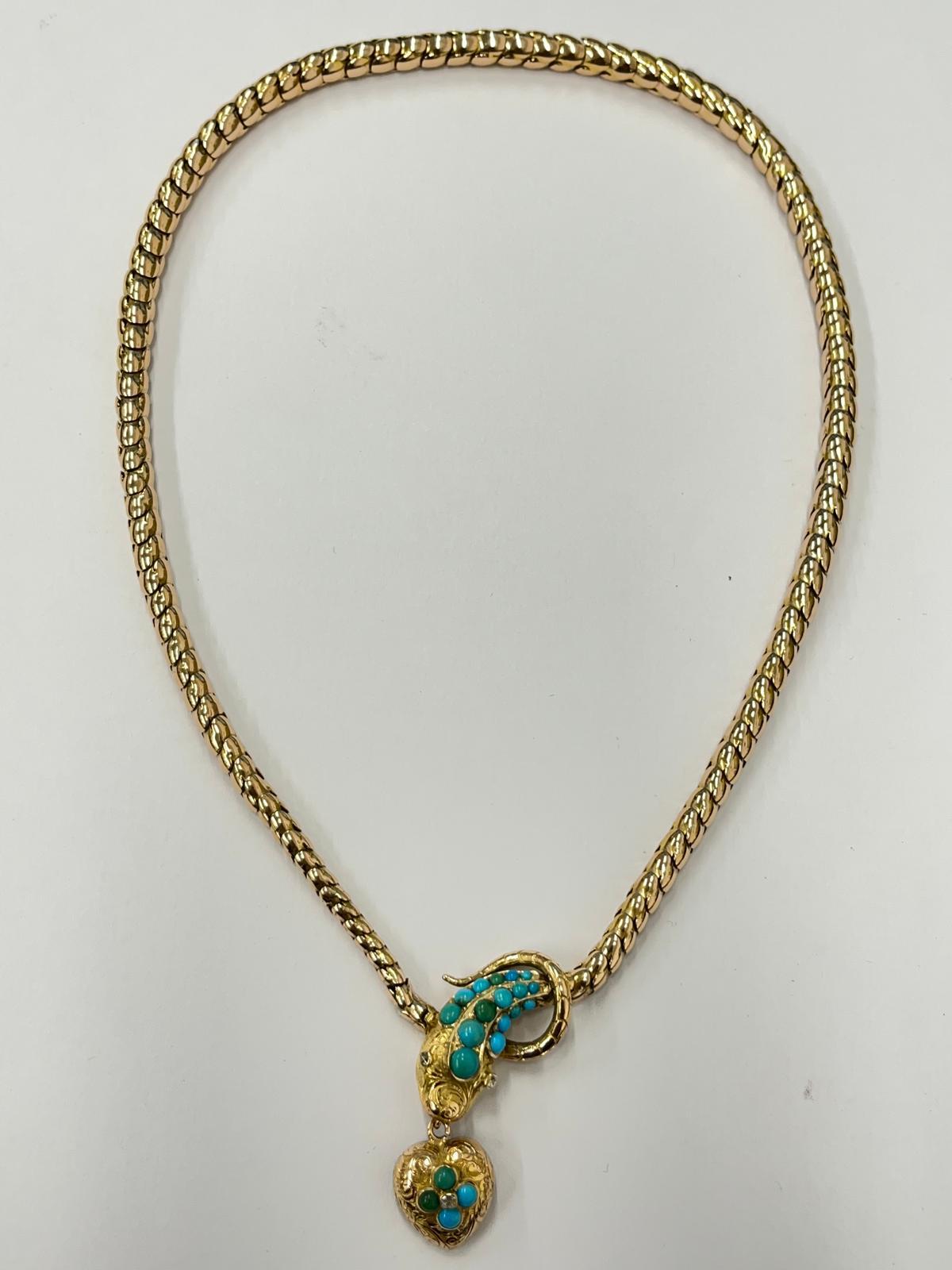 Victorian Snake Necklace With Turquoise & Rubies in 14k Gold For Sale 1