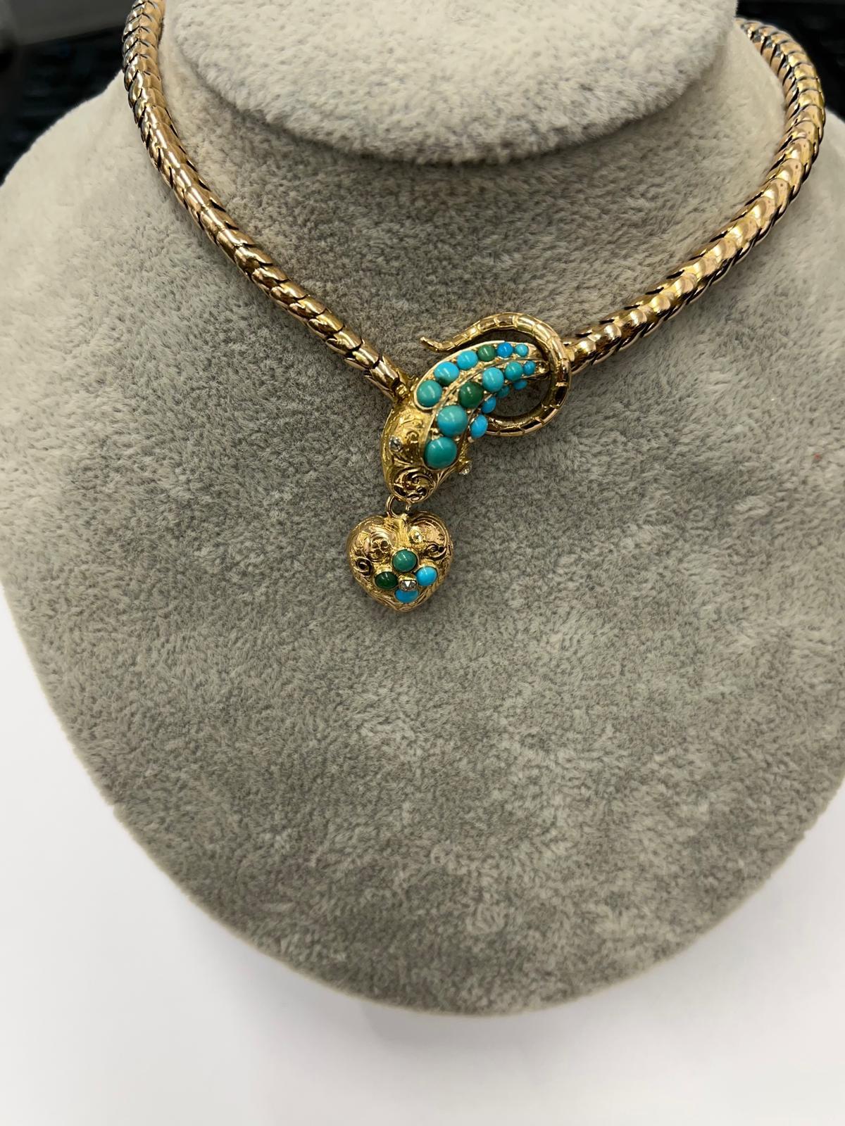 Victorian Snake Necklace With Turquoise & Rubies in 14k Gold For Sale 2