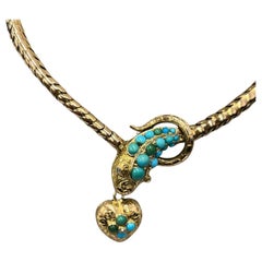 Victorian Snake Necklace With Turquoise & Rubies in 14k Gold