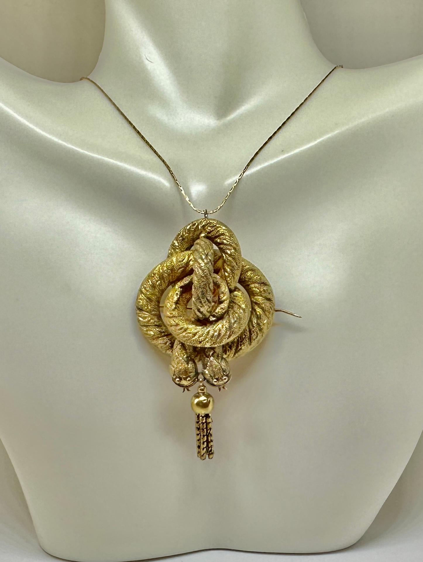 Victorian Snake Pendant Brooch Necklace Antique Double Snakes 14 Karat Gold 1860 For Sale 1