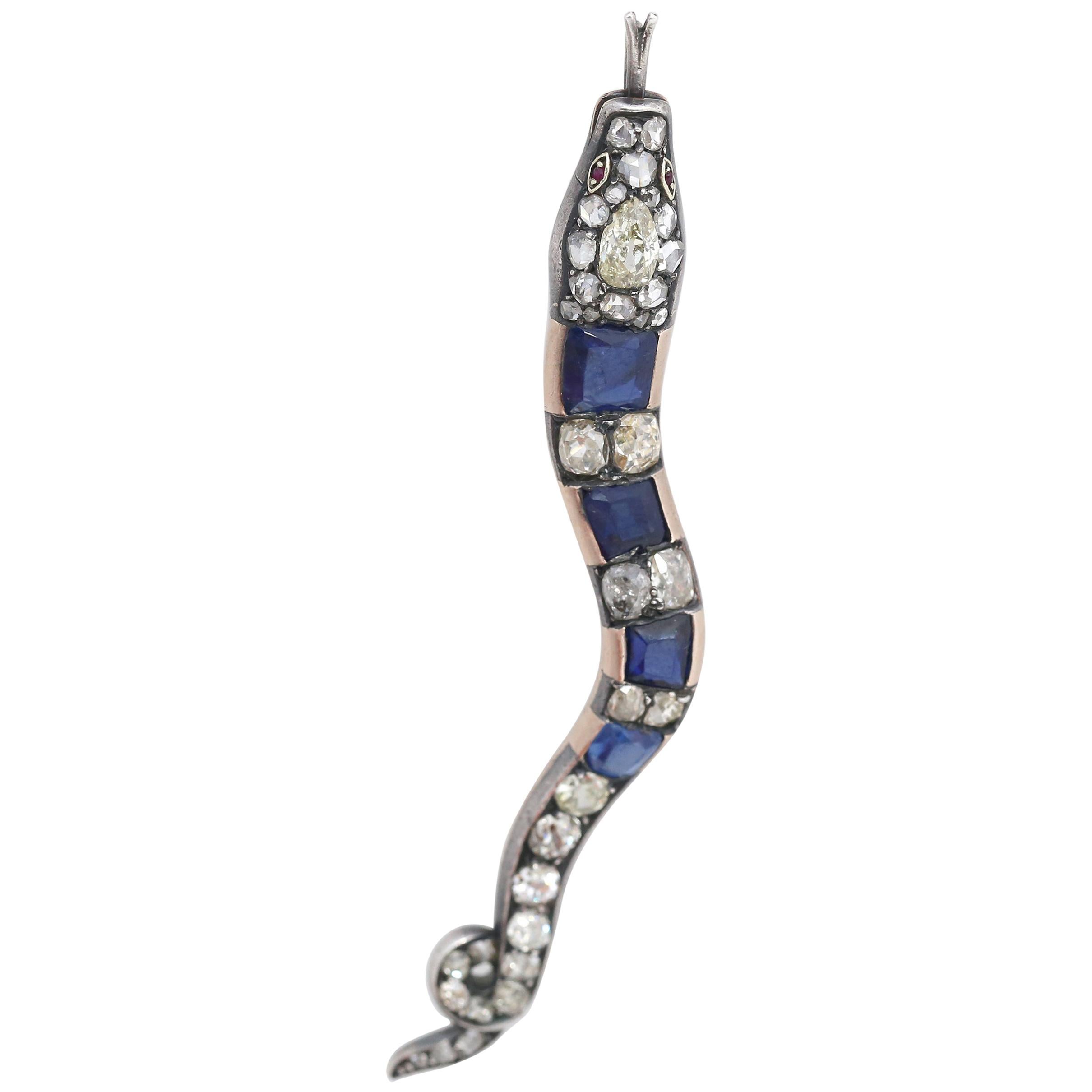 Vittoriano Pendente a serpente vittoriano Spilla di zaffiri 3,5 carati Diamanti 3,2 carati, 1890 in vendita