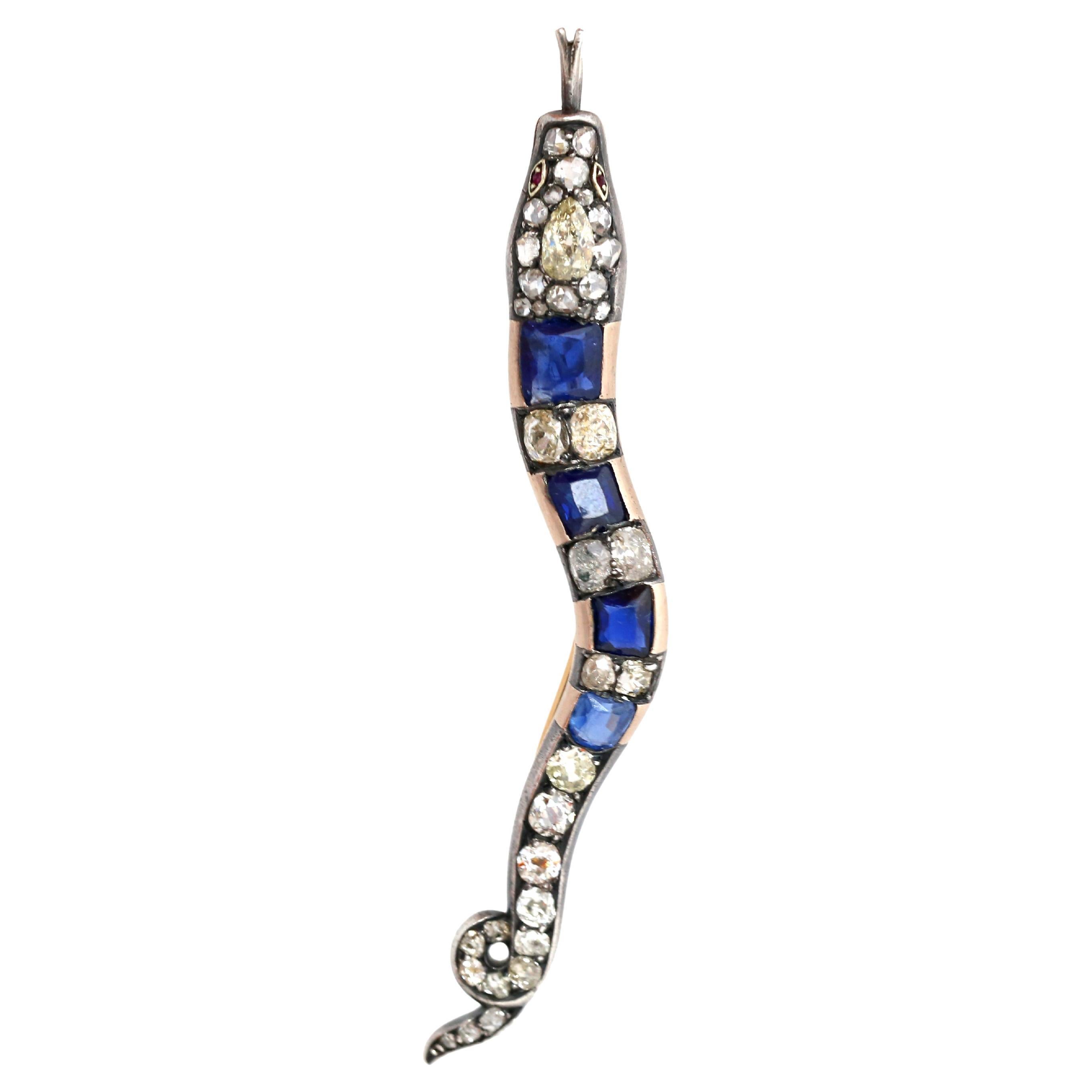 Pendente a serpente vittoriano Spilla di zaffiri 3,5 carati Diamanti 3,2 carati, 1890 in vendita
