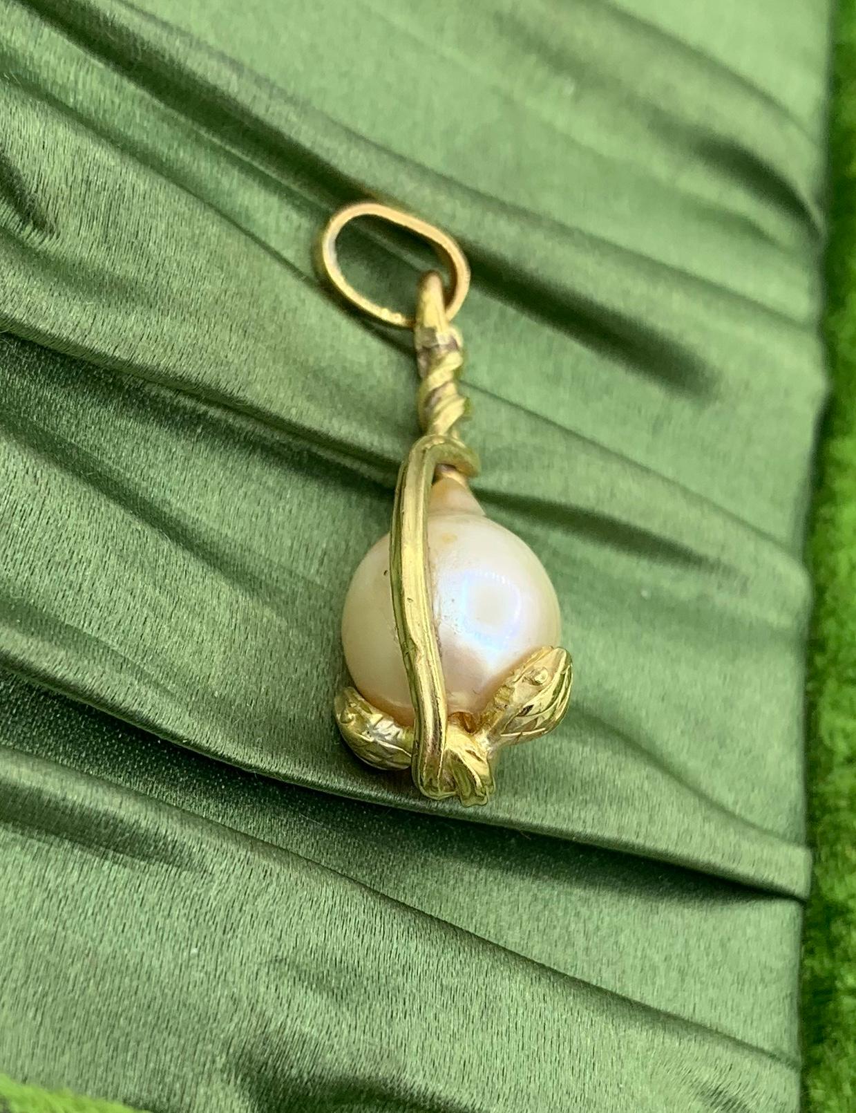 Victorian Snake Pendant Necklace Baroque Pearl Egg Globe Antique 14 Karat Gold For Sale 5