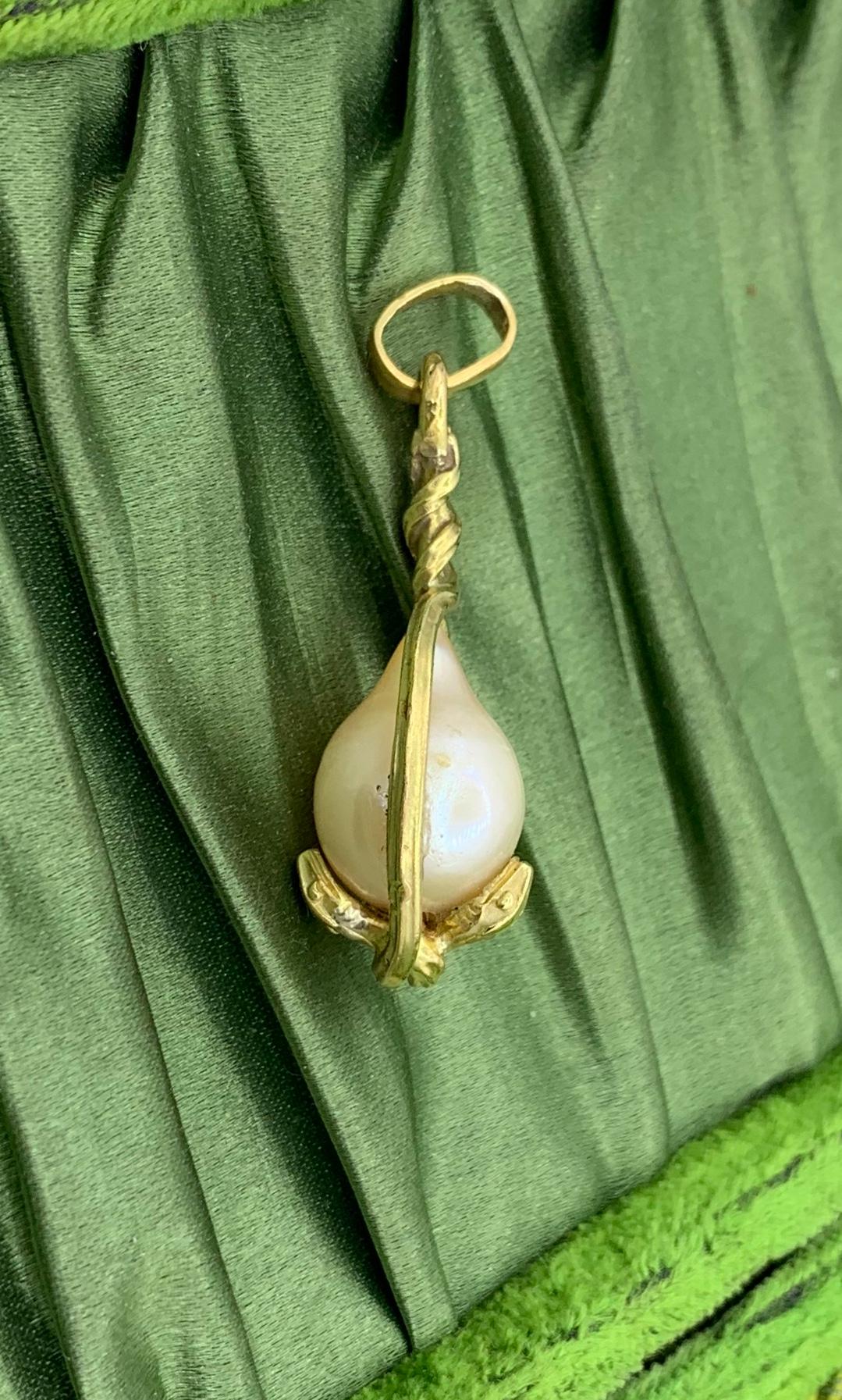 Victorian Snake Pendant Necklace Baroque Pearl Egg Globe Antique 14 Karat Gold For Sale 8