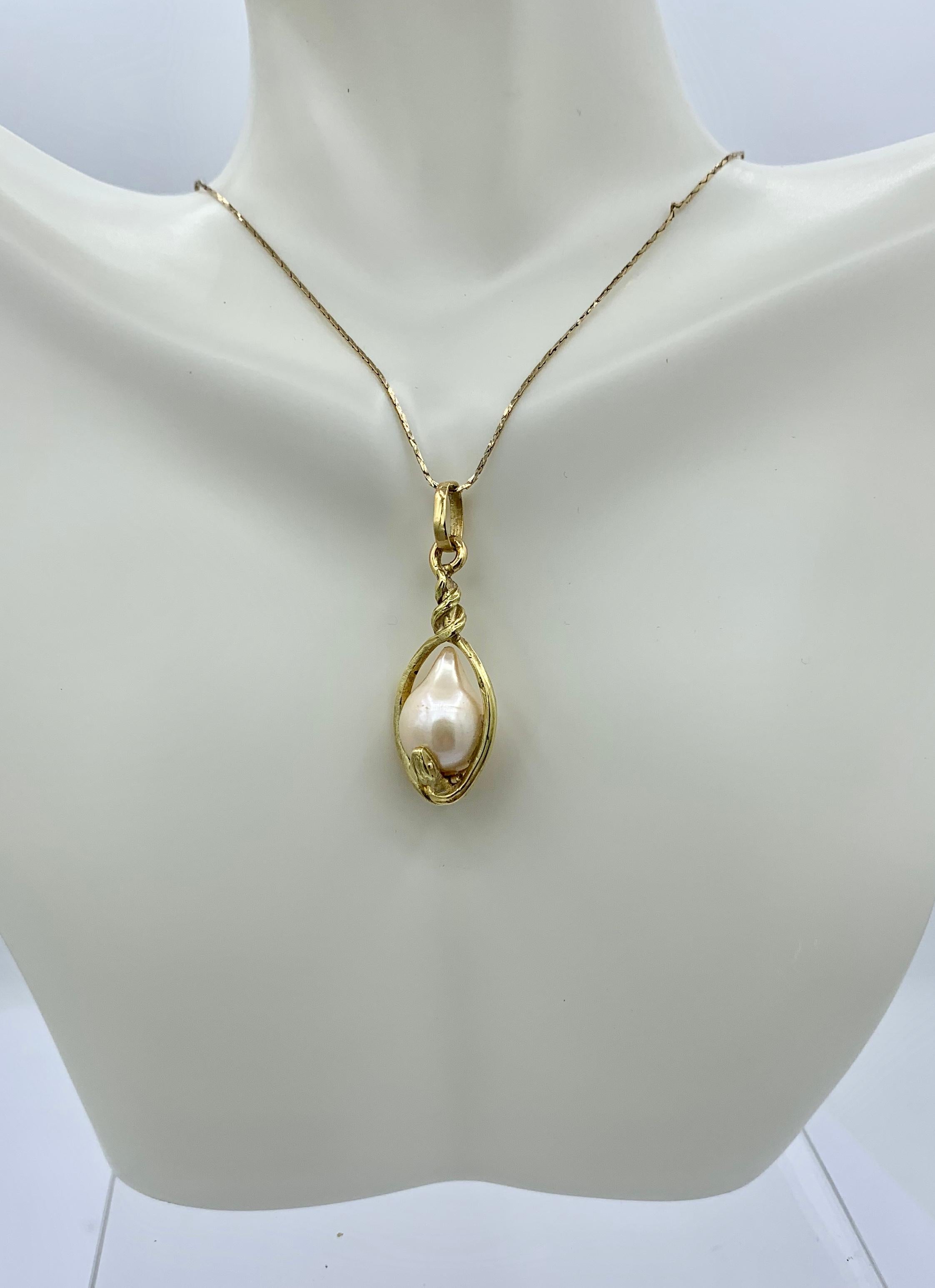 Victorian Snake Pendant Necklace Baroque Pearl Egg Globe Antique 14 Karat Gold For Sale 1