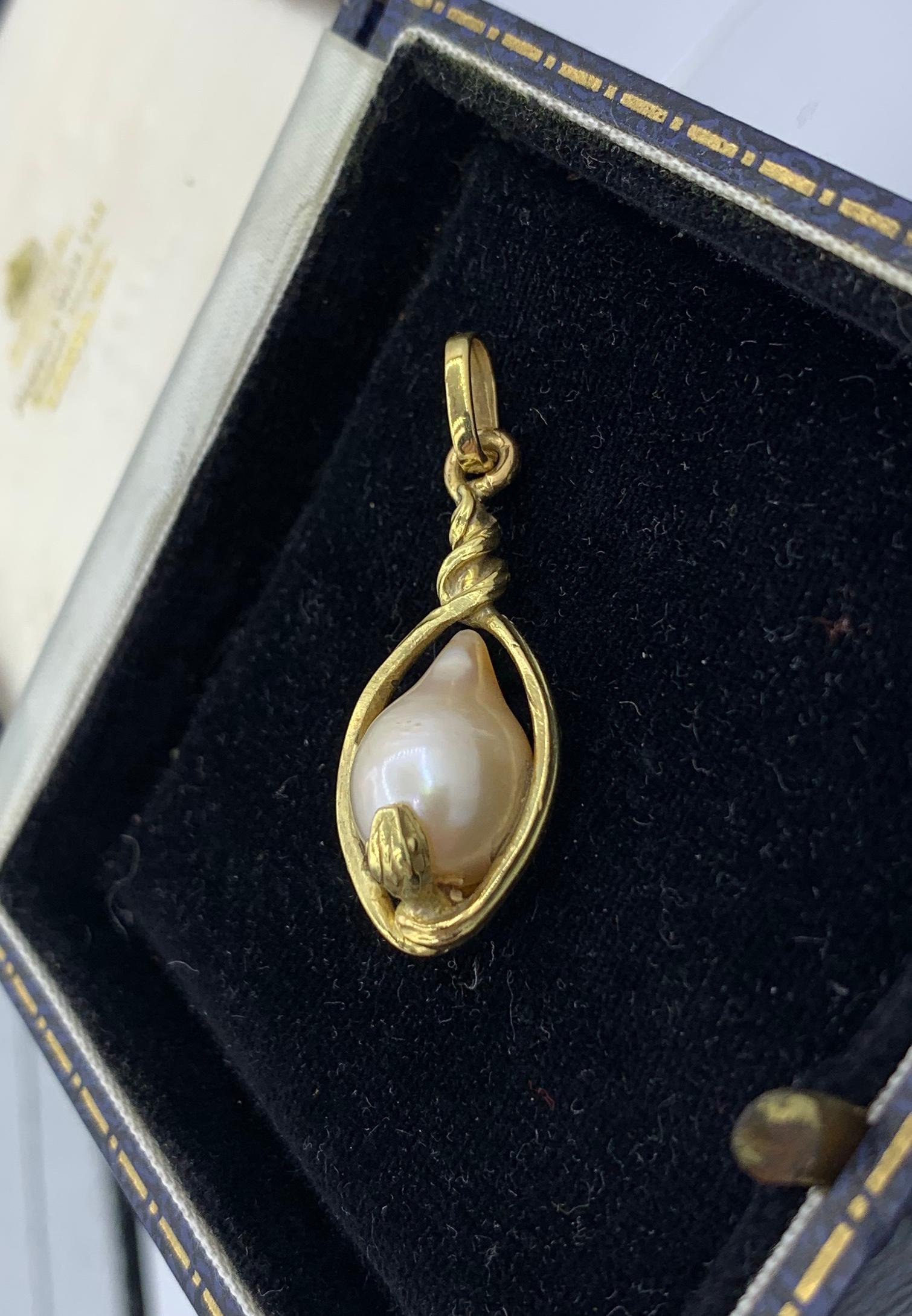 Victorian Snake Pendant Necklace Baroque Pearl Egg Globe Antique 14 Karat Gold For Sale 4
