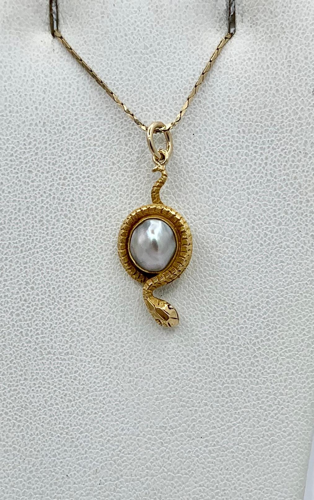 Rough Cut Victorian Snake Pendant Silver Baroque Pearl Egg Globe Antique 14 Karat Gold For Sale
