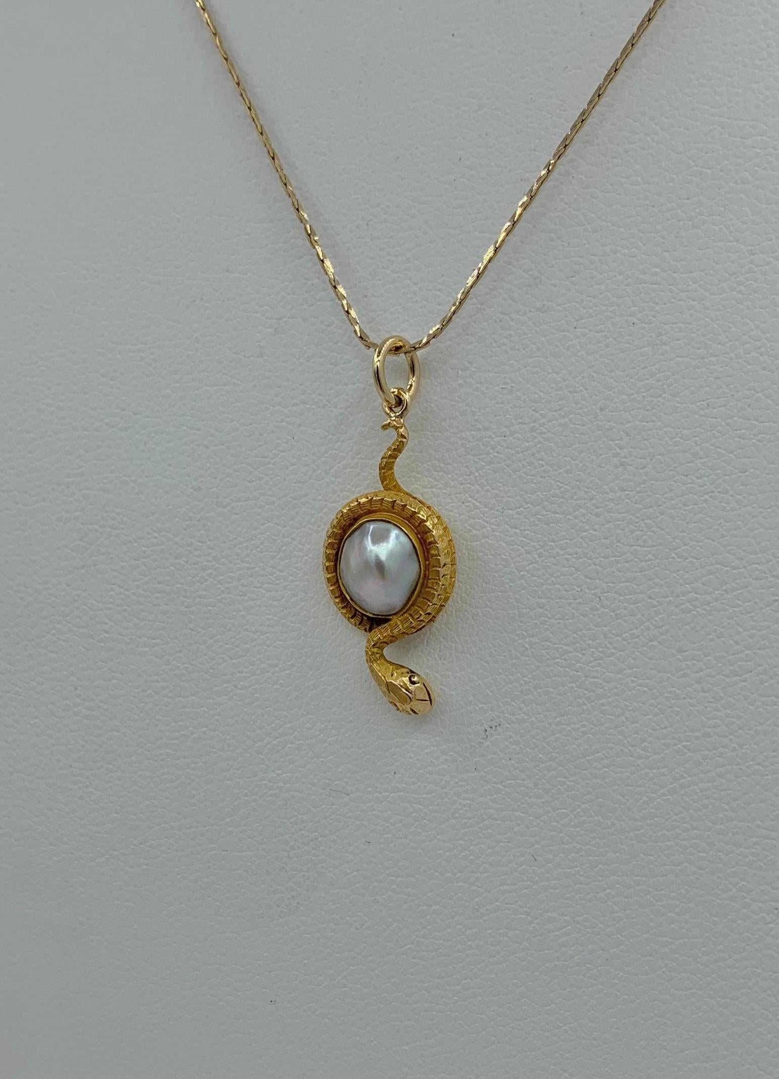 Victorian Snake Pendant Silver Baroque Pearl Egg Globe Antique 14 Karat Gold In Excellent Condition For Sale In New York, NY