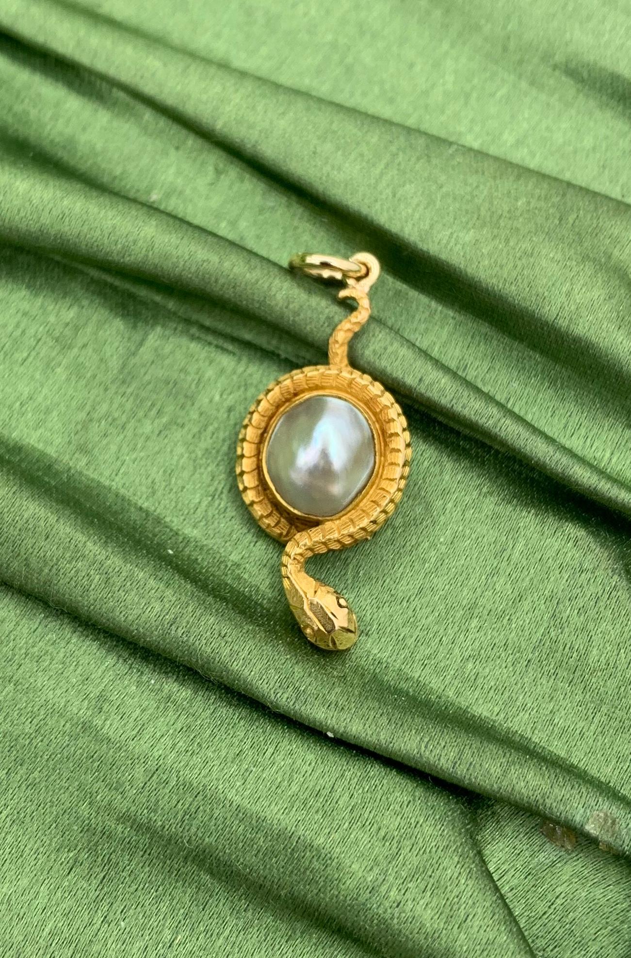 Women's or Men's Victorian Snake Pendant Silver Baroque Pearl Egg Globe Antique 14 Karat Gold For Sale