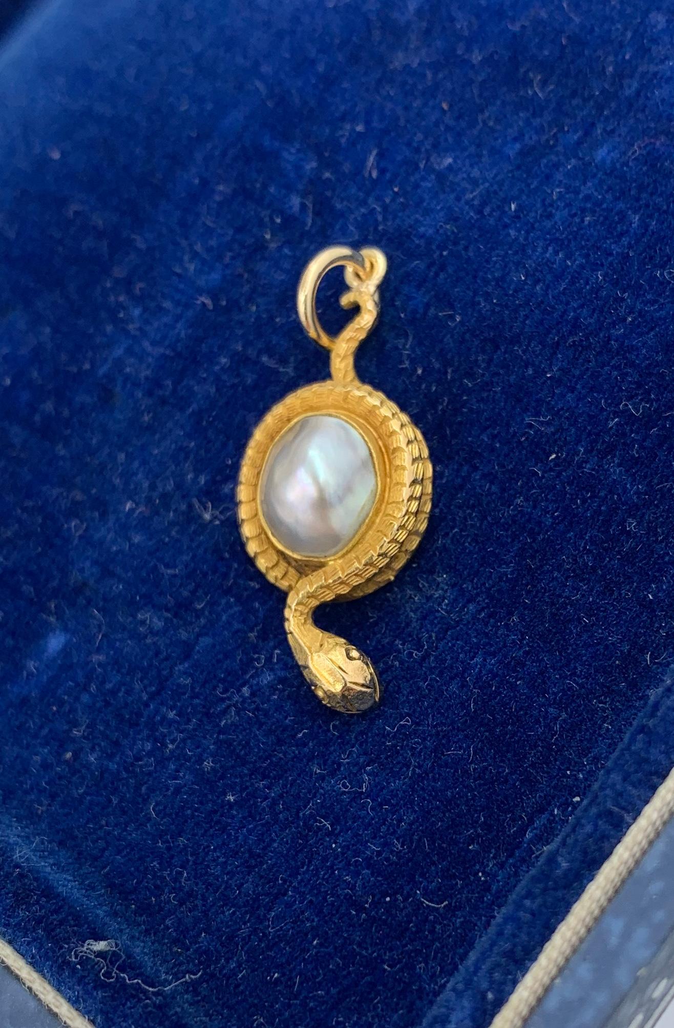 Victorian Snake Pendant Silver Baroque Pearl Egg Globe Antique 14 Karat Gold For Sale 1