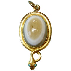 Victorian Snake Pendant Turquoise Banded Agate Egg Antique 18 Karat Gold