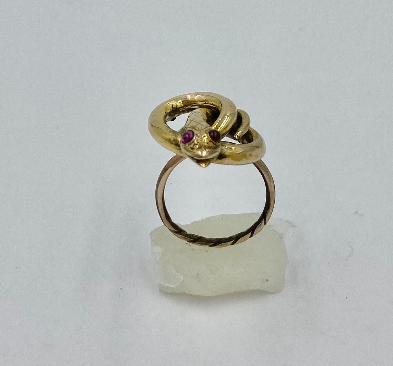Cabochon Victorian Snake Ring Garnet Eyes Three Dimensional Gold Antique Circa 1860 For Sale