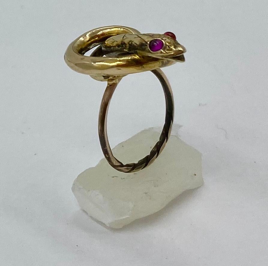 Victorian Snake Ring Garnet Eyes Three Dimensional Gold Antique Circa 1860 In Good Condition For Sale In New York, NY