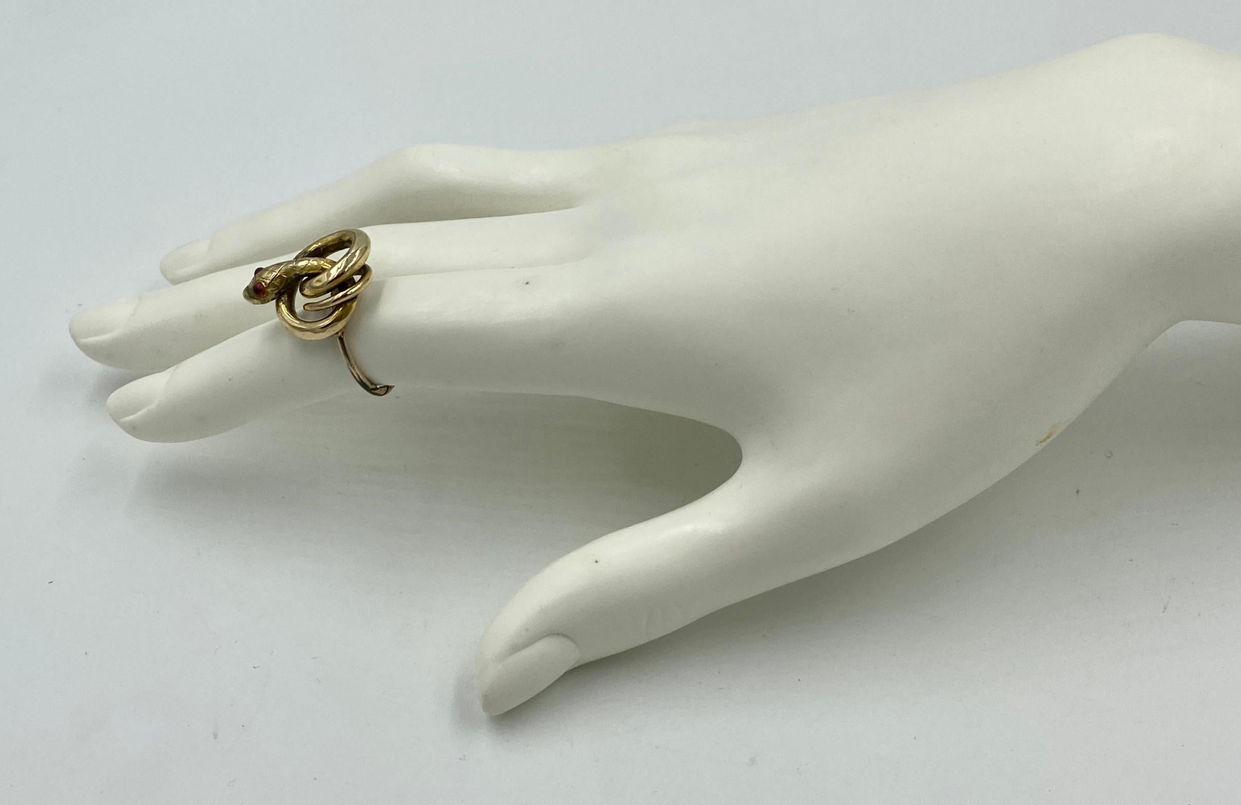 Women's Victorian Snake Ring Garnet Eyes Three Dimensional Gold Antique Circa 1860 For Sale