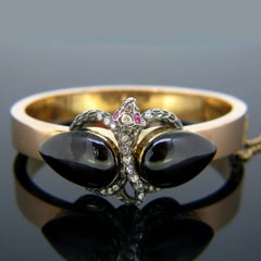 Victorian Snake Rose Cut Cabochon Ruby Garnet Yellow Gold Silver Bangle Bracelet