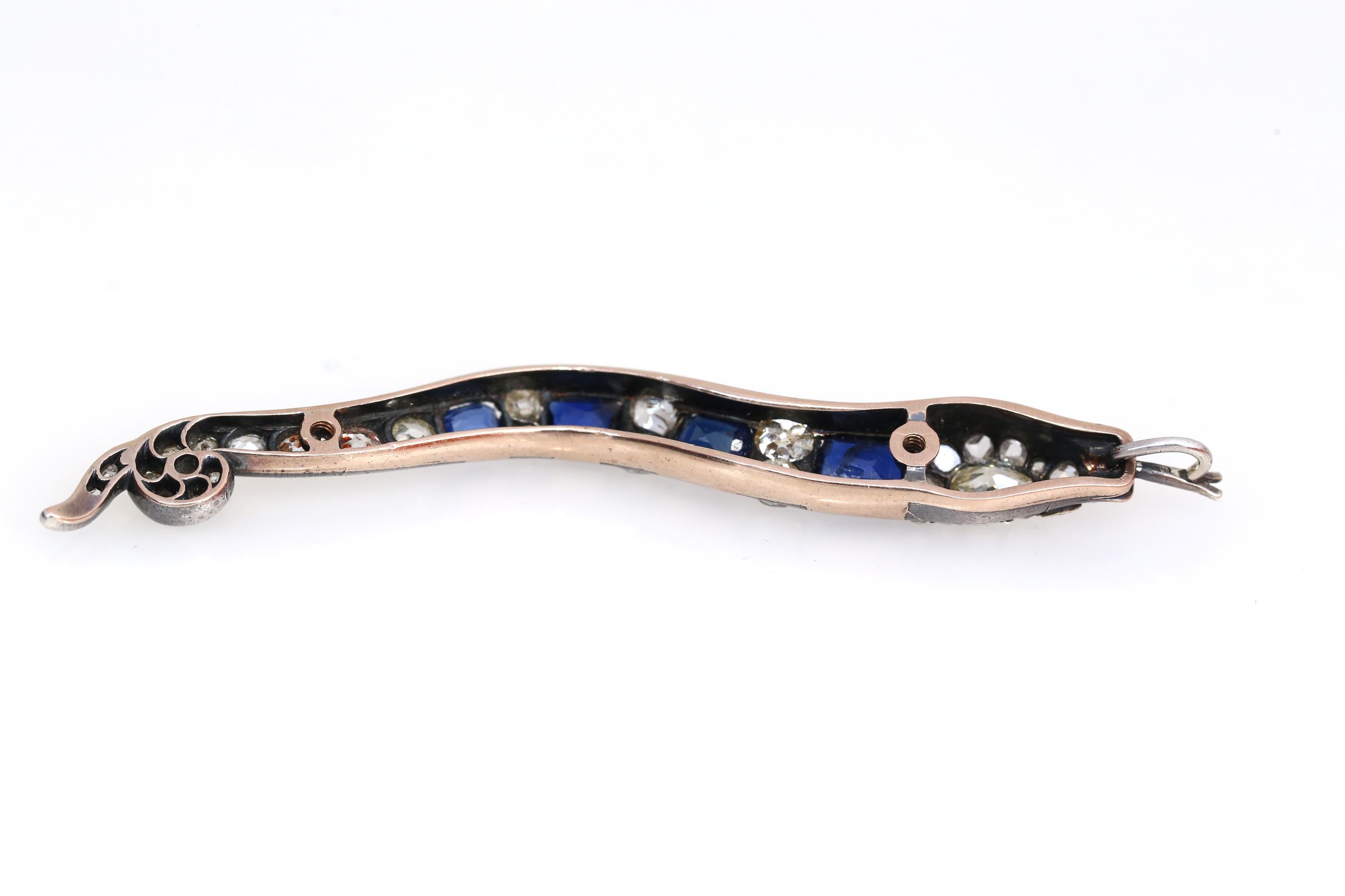 Women's Victorian Snake Sapphire 3.5 Carat Diamonds 3.2 Carat Pendant Pin Brooch, 1890 For Sale