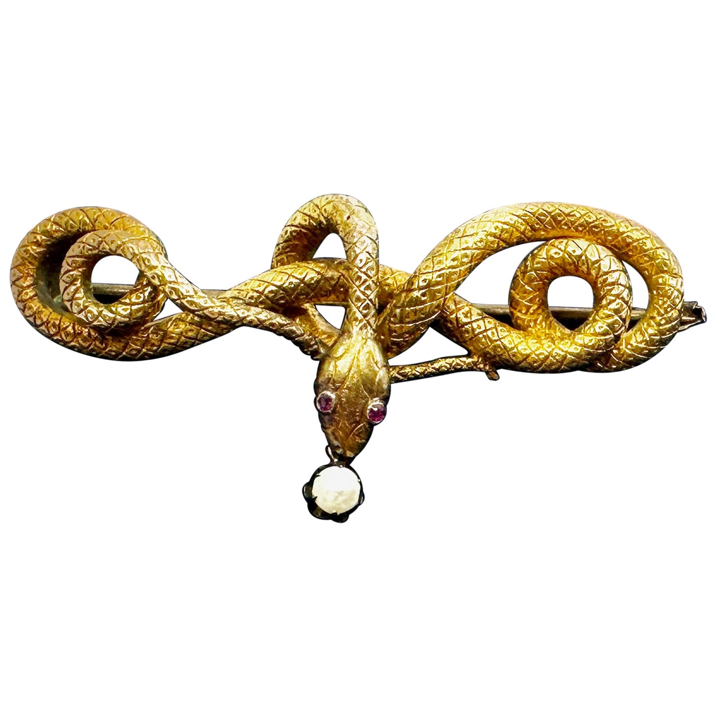 Spilla serpente vittoriana con occhi di rubino Collana antica in oro 14 carati in vendita
