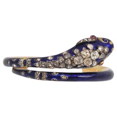 Victorian Snake Serpent Cuff Bracelet Blue Enamel Diamonds Rubies, 1847