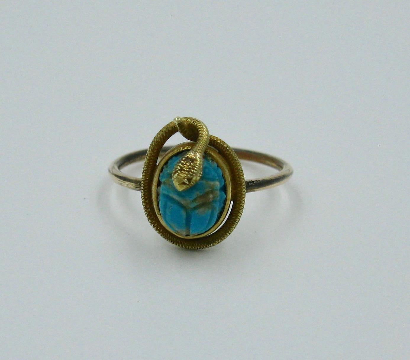 Victorian Snake Turquoise Scarab 14 Karat Gold Ring Egyptian Revival Antique 2