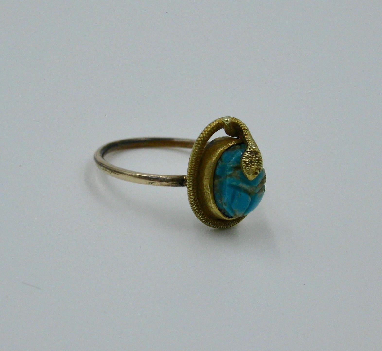 Victorian Snake Turquoise Scarab 14 Karat Gold Ring Egyptian Revival Antique 3