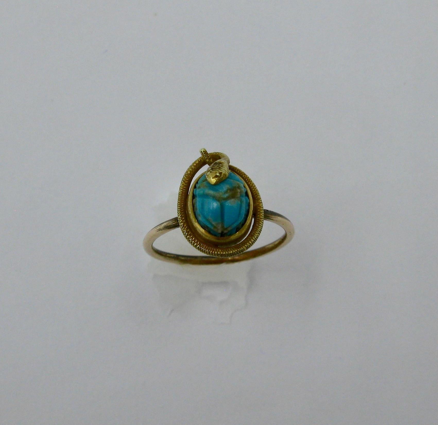 Victorian Snake Turquoise Scarab 14 Karat Gold Ring Egyptian Revival Antique 4