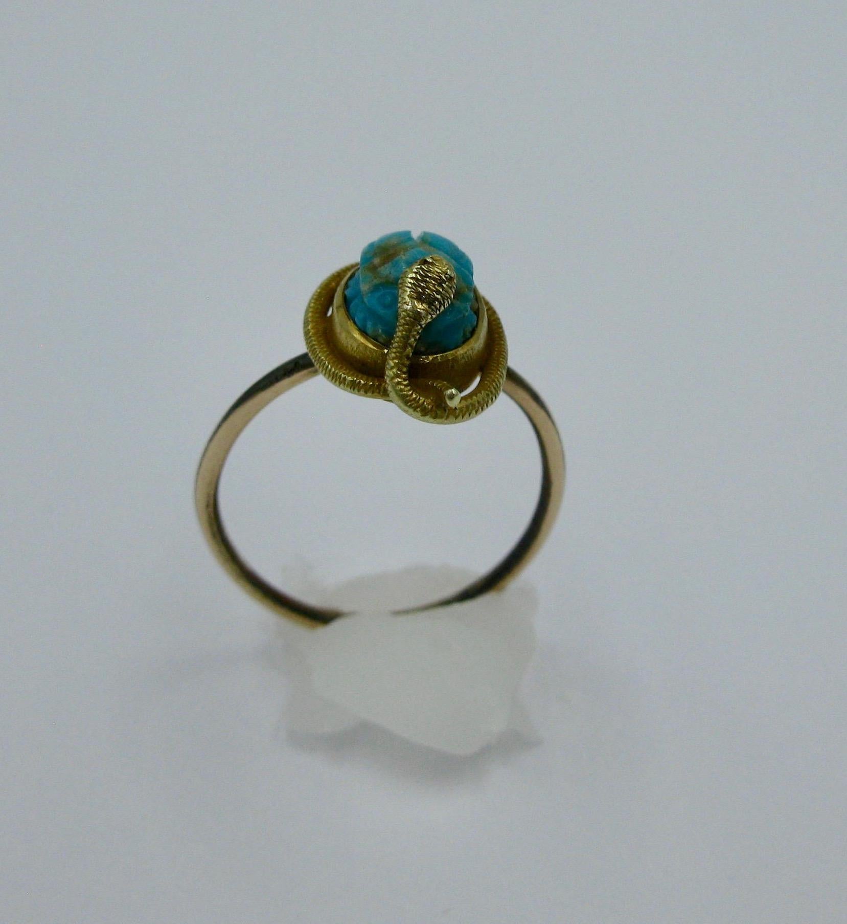 Victorian Snake Turquoise Scarab 14 Karat Gold Ring Egyptian Revival Antique 5
