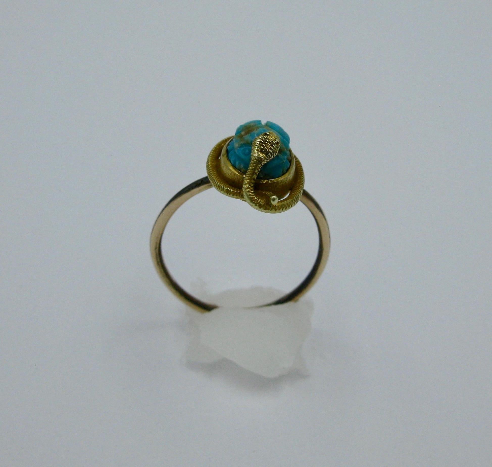 Victorian Snake Turquoise Scarab 14 Karat Gold Ring Egyptian Revival Antique 6