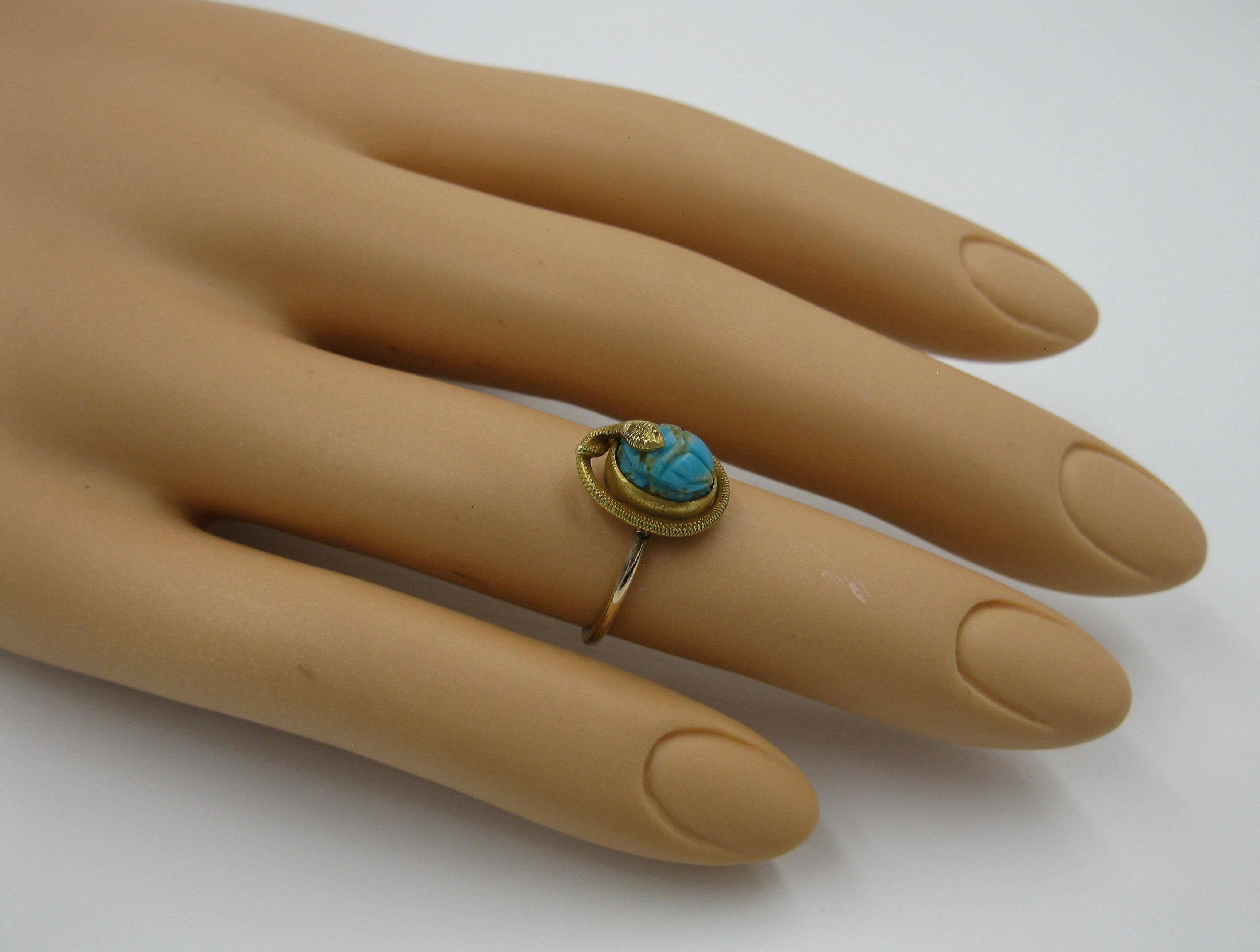 Victorian Snake Turquoise Scarab 14 Karat Gold Ring Egyptian Revival Antique 8