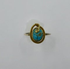 Victorian Snake Turquoise Scarab Ring 14 Karat Gold Egyptian Revival Antique