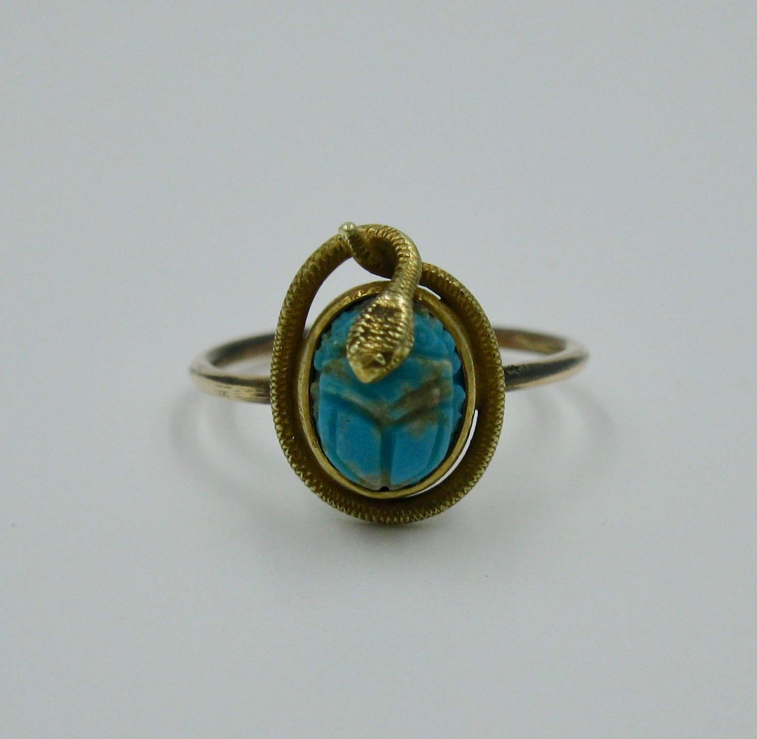 Portrait Cut Victorian Snake Turquoise Scarab 14 Karat Gold Ring Egyptian Revival Antique