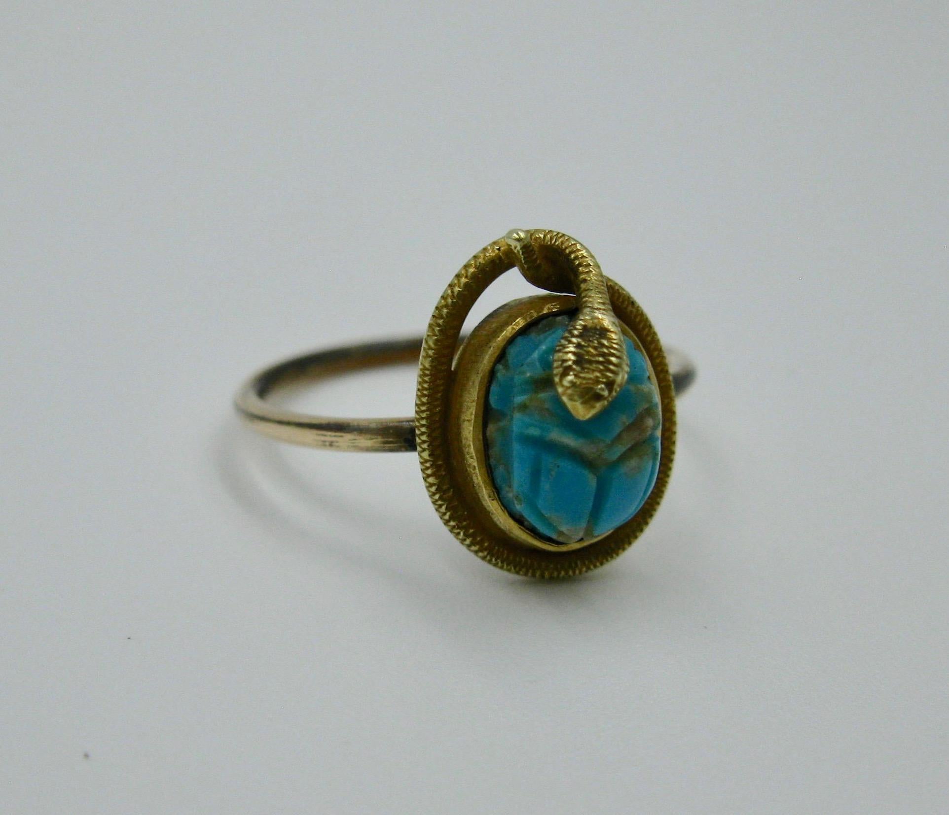 Victorian Snake Turquoise Scarab 14 Karat Gold Ring Egyptian Revival Antique In Good Condition In New York, NY