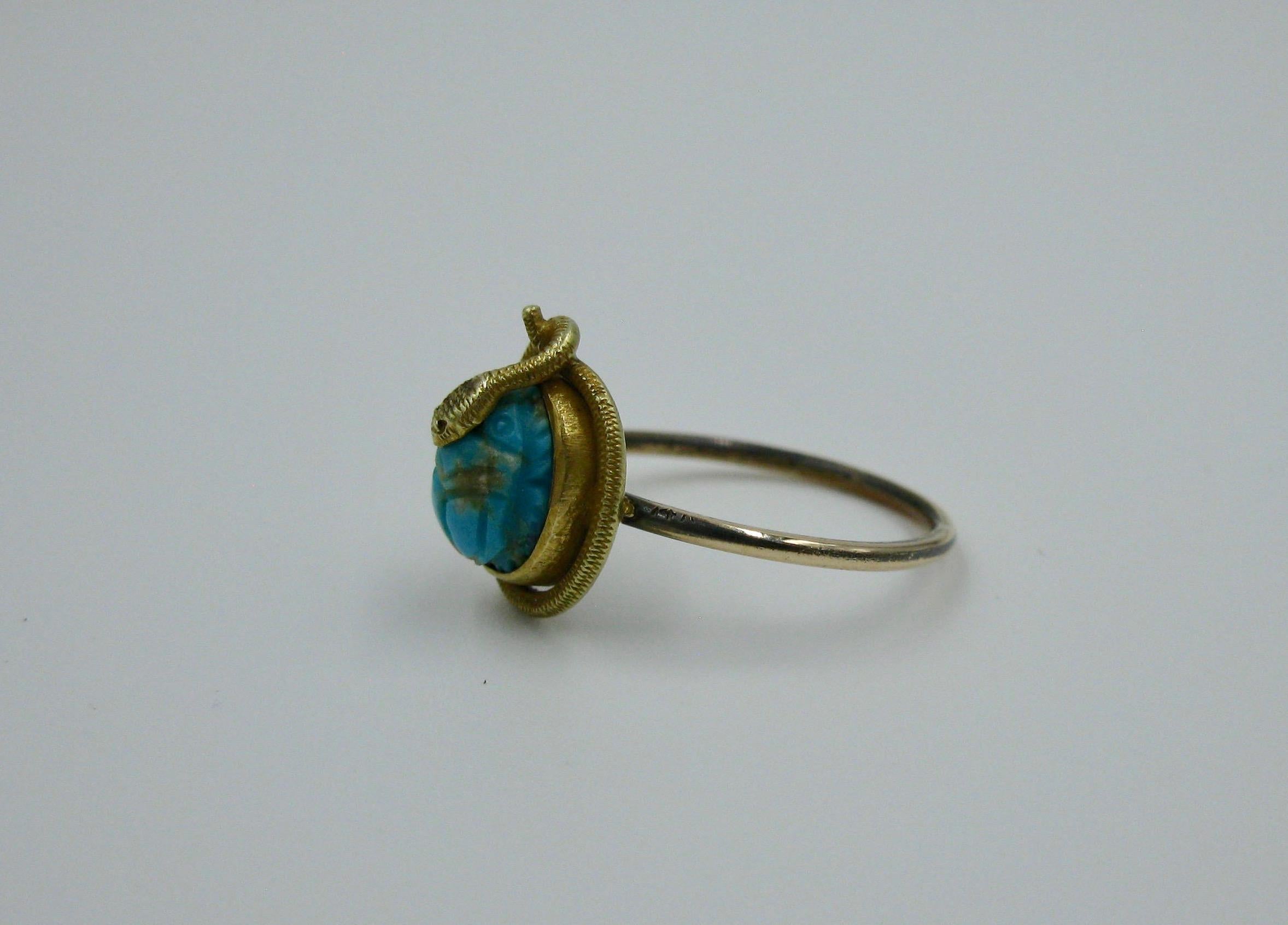 Women's Victorian Snake Turquoise Scarab 14 Karat Gold Ring Egyptian Revival Antique