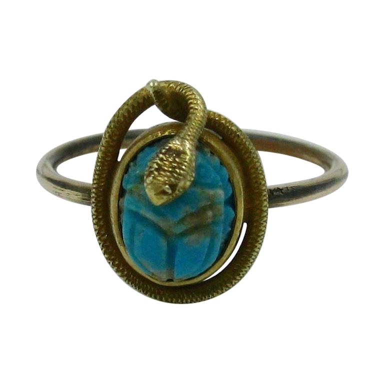 Victorian Snake Turquoise Scarab 14 Karat Gold Ring Egyptian Revival Antique