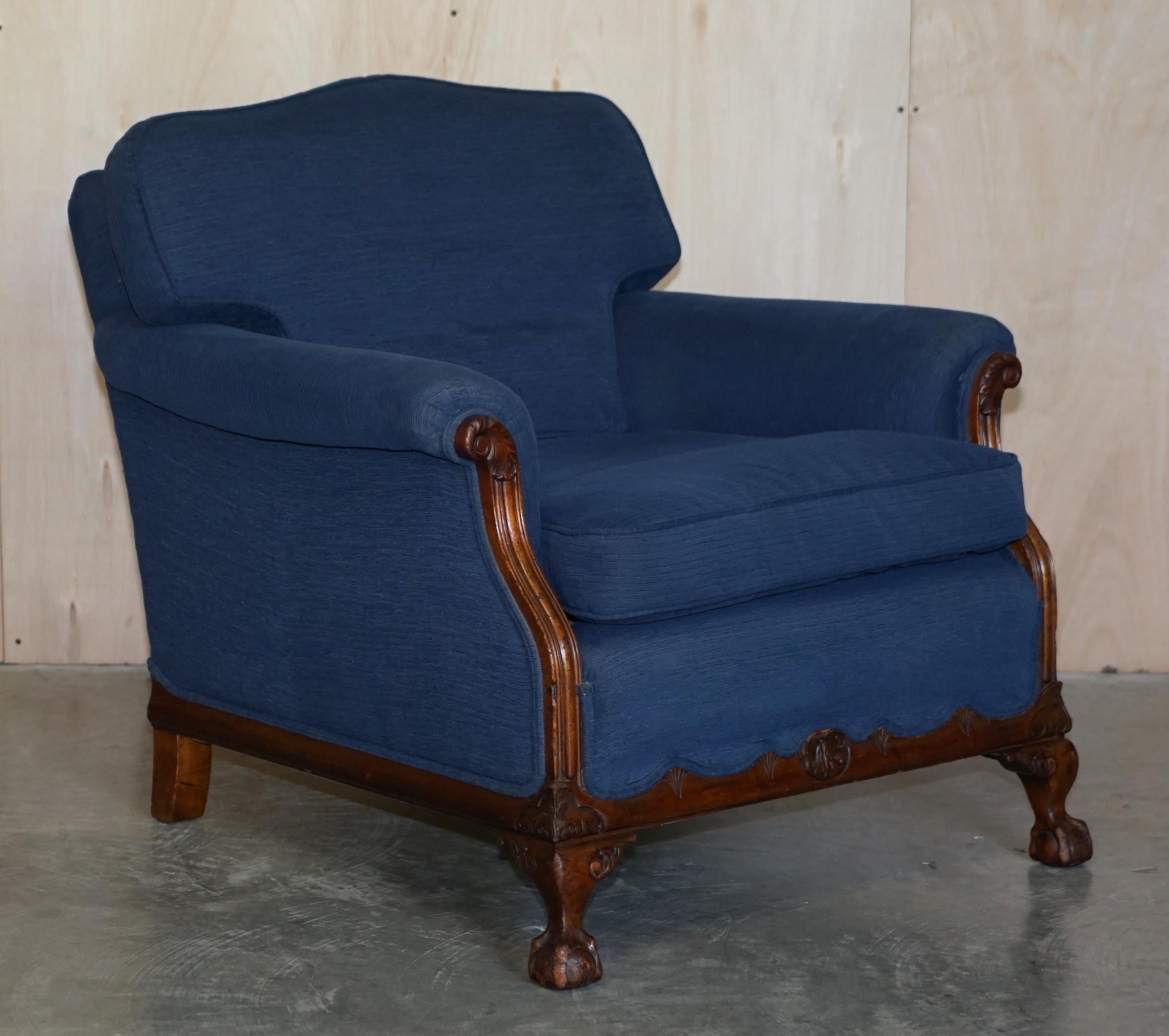 Victorian Sofa & Armchair Suite Napoleonic Blue Upholstery Claw & Ball Feet For Sale 5