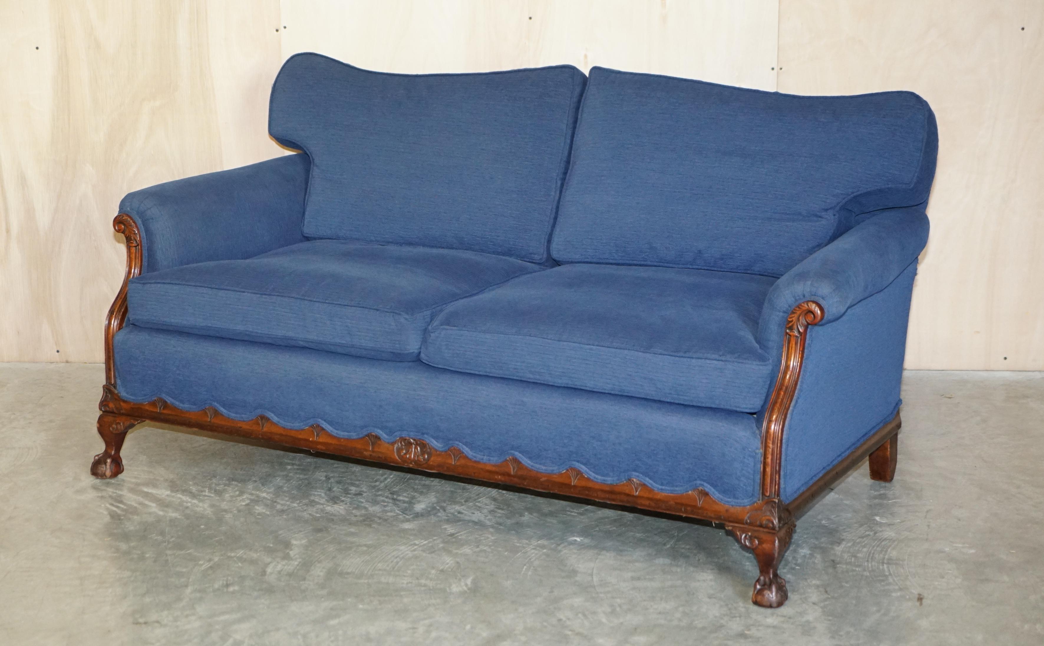 Victorian Sofa & Armchair Suite Napoleonic Blue Upholstery Claw & Ball Feet For Sale 6
