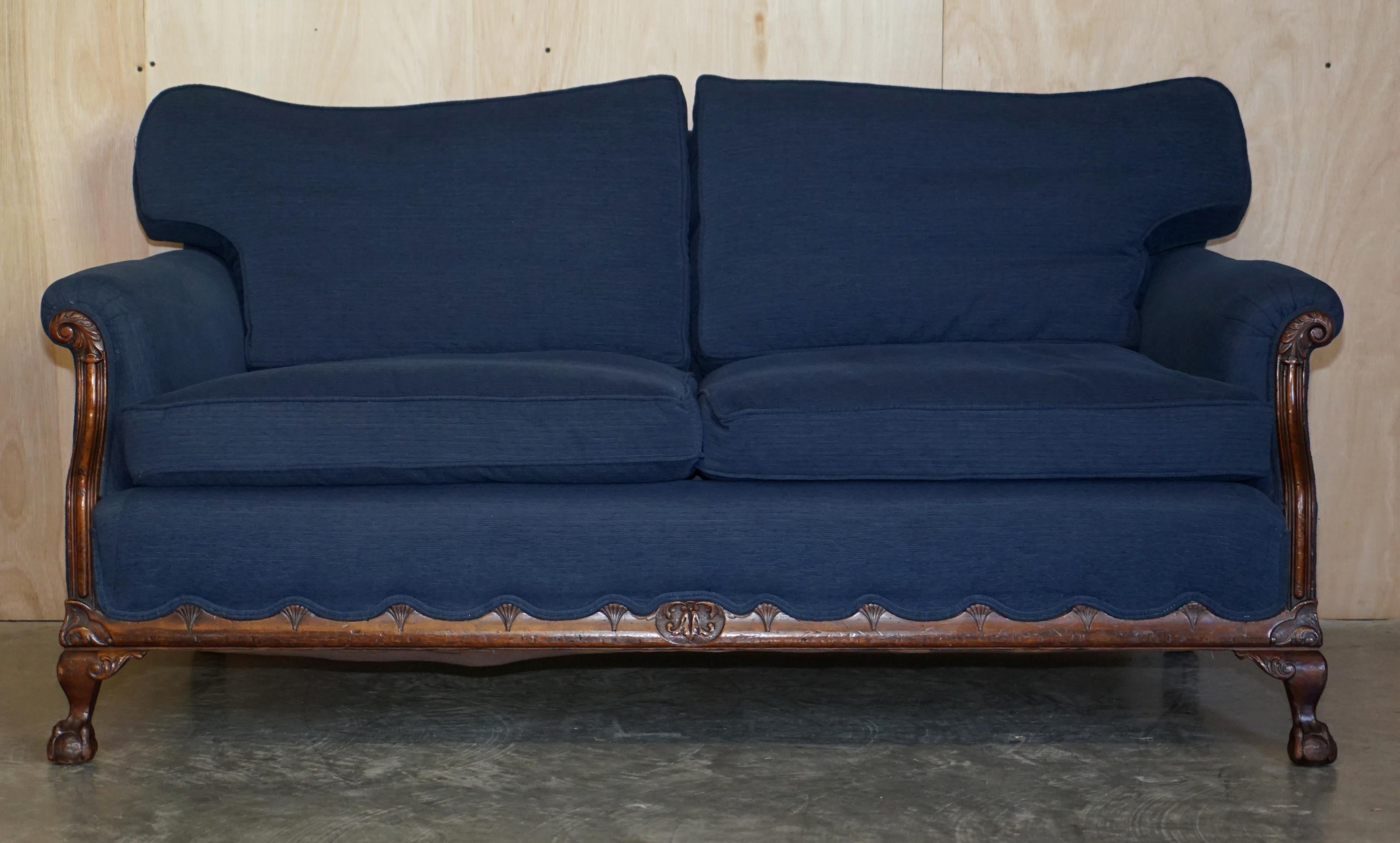 Viktorianisches Sofa & Sessel-Suite Napoleonische blaue Polsterung Klauen- und Kugelfüßen im Angebot 8
