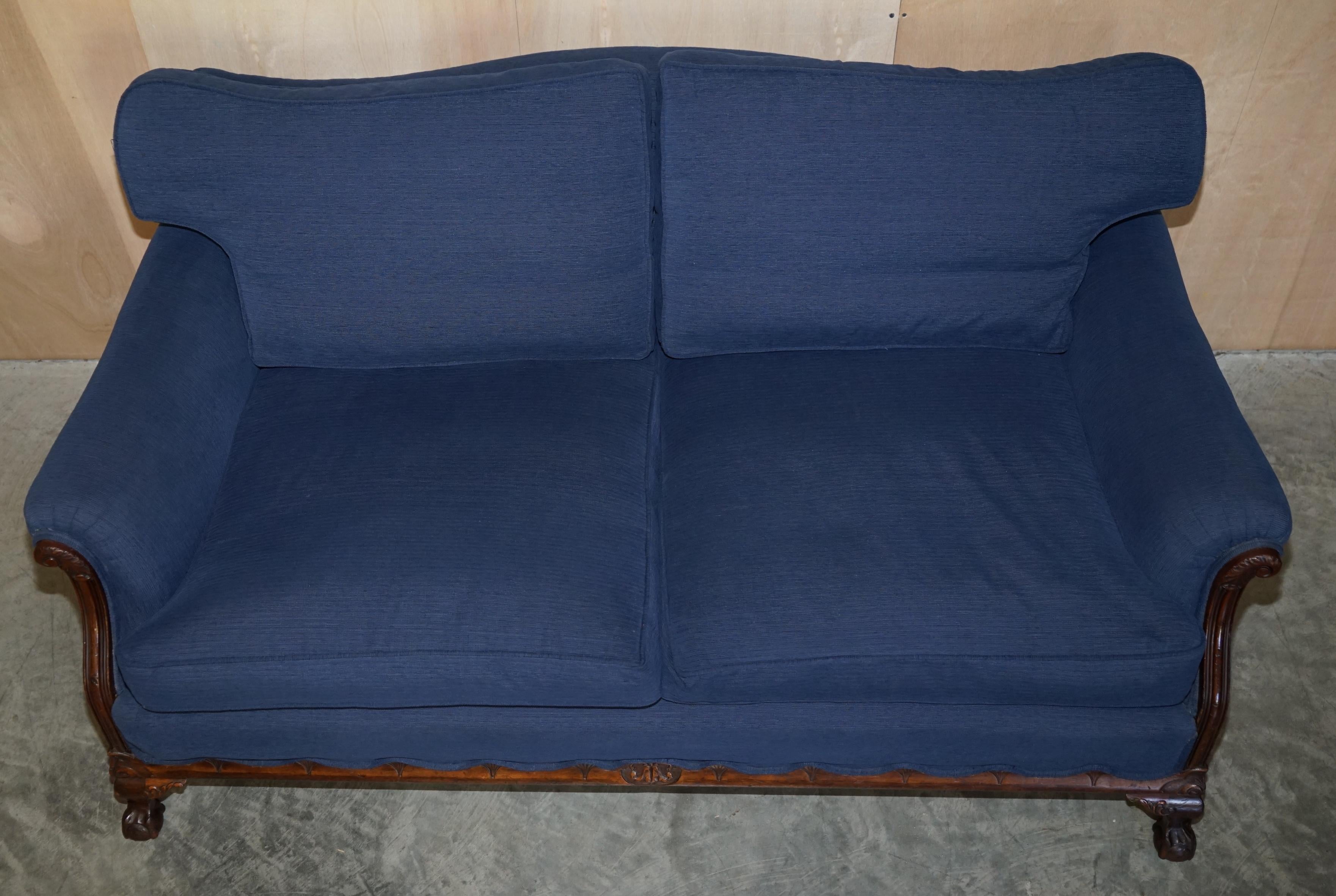 Victorian Sofa & Armchair Suite Napoleonic Blue Upholstery Claw & Ball Feet For Sale 8