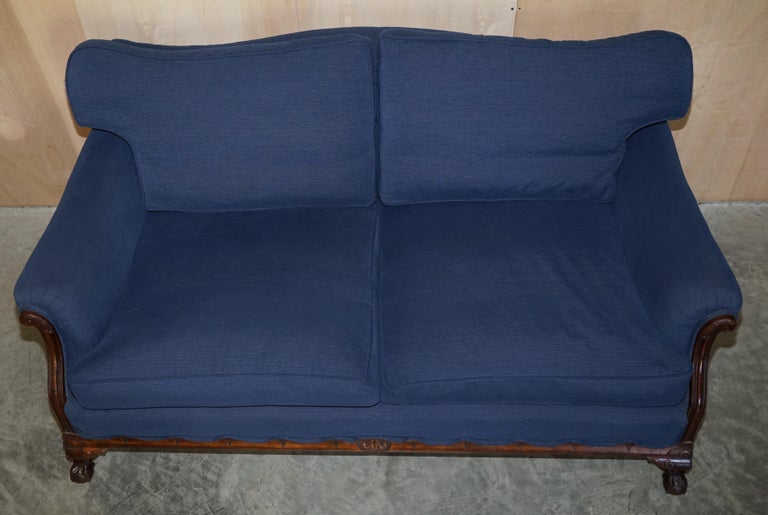 Victorian Sofa & Armchair Suite Napoleonic Blue Upholstery Claw & Ball Feet For Sale 9