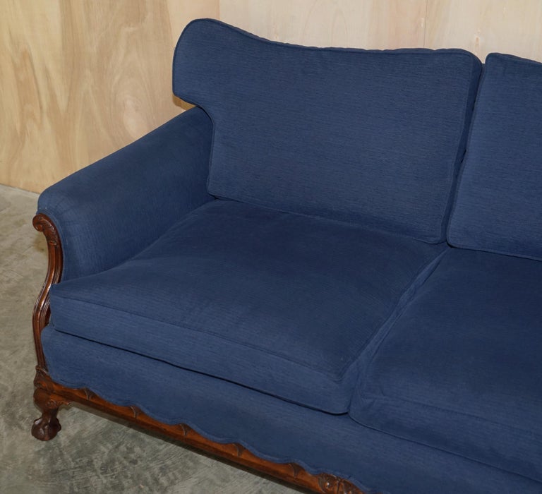 Victorian Sofa & Armchair Suite Napoleonic Blue Upholstery Claw & Ball Feet For Sale 10