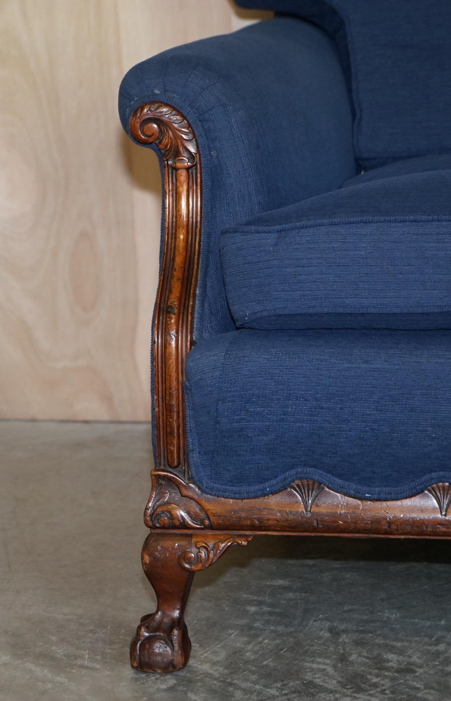 Viktorianisches Sofa & Sessel-Suite Napoleonische blaue Polsterung Klauen- und Kugelfüßen im Angebot 11