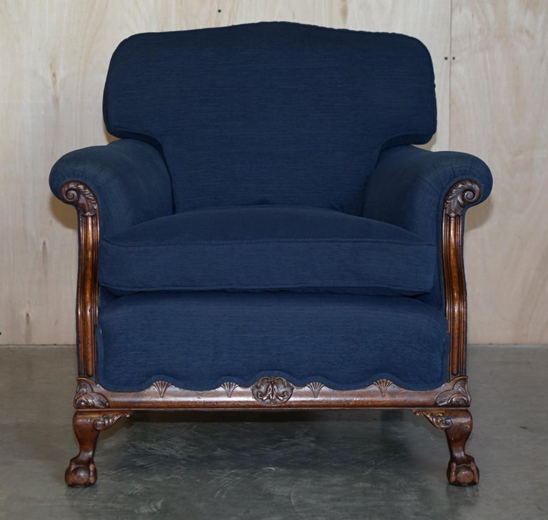Hand-Crafted Victorian Sofa & Armchair Suite Napoleonic Blue Upholstery Claw & Ball Feet For Sale