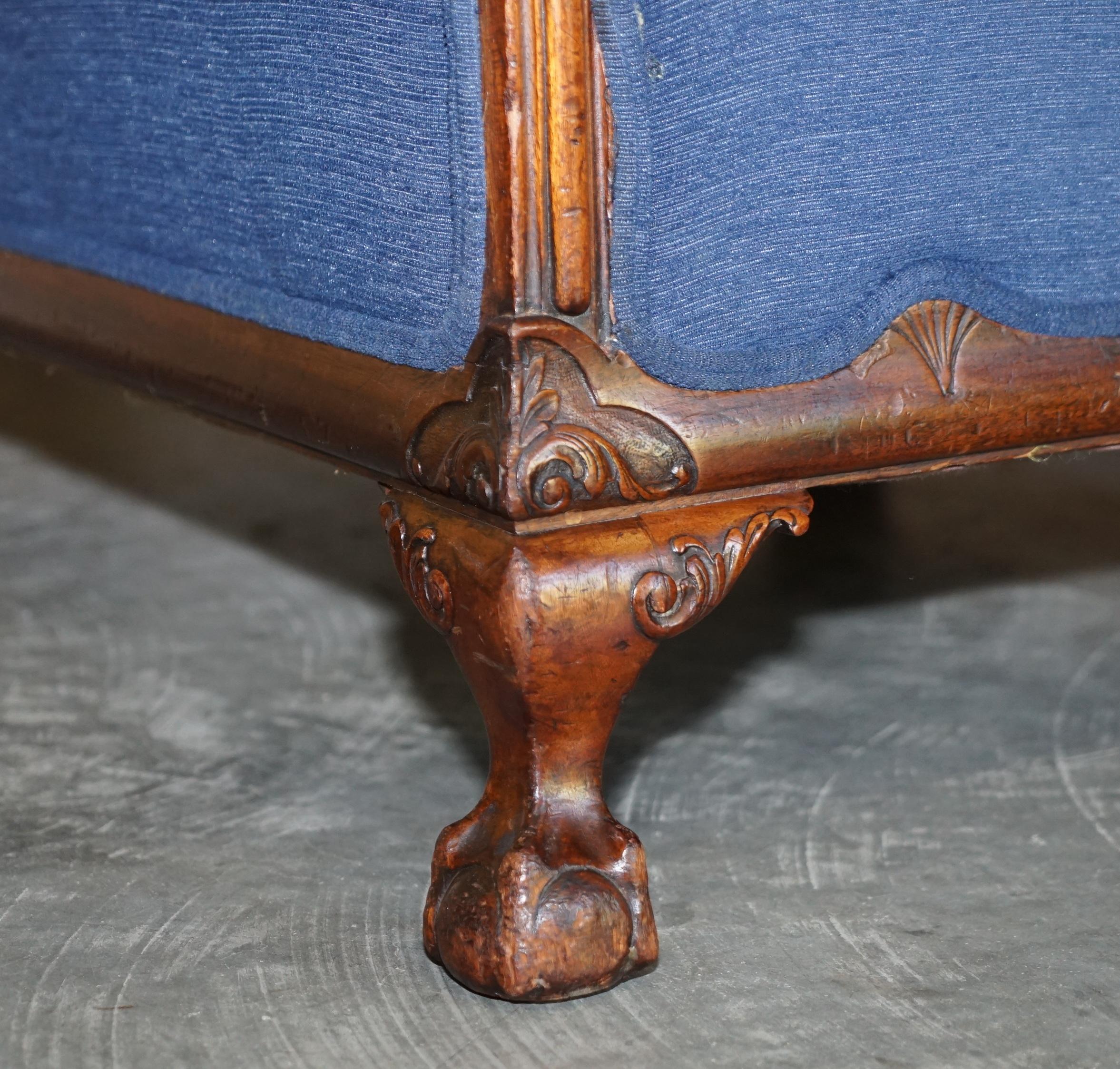 19th Century Victorian Sofa & Armchair Suite Napoleonic Blue Upholstery Claw & Ball Feet For Sale