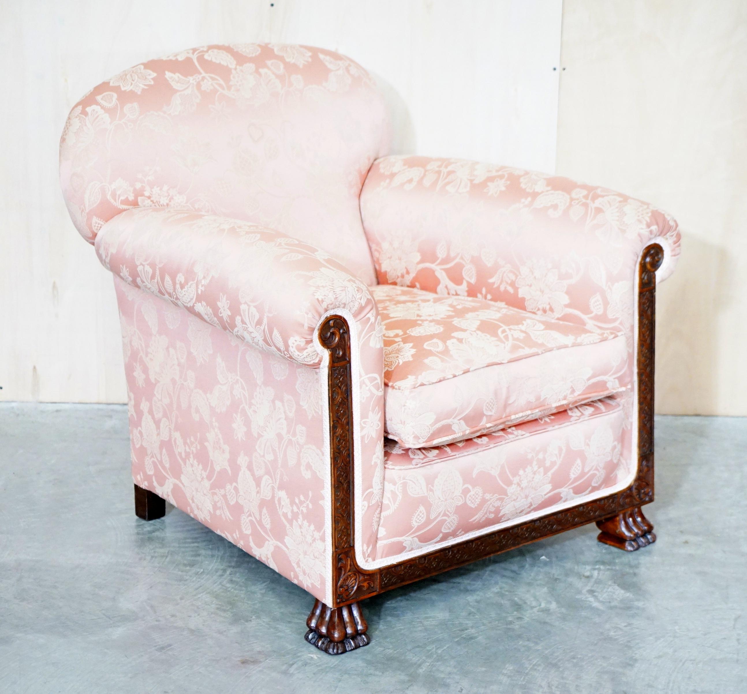 Victorian Sofa & Armchair Suite Pink Silk Upholstery Hand Carved Goat Hoof Feet 6