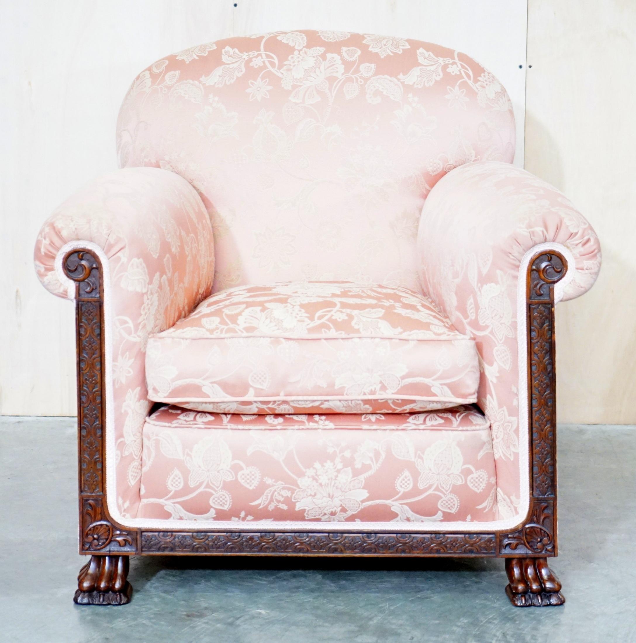 Victorian Sofa & Armchair Suite Pink Silk Upholstery Hand Carved Goat Hoof Feet 7