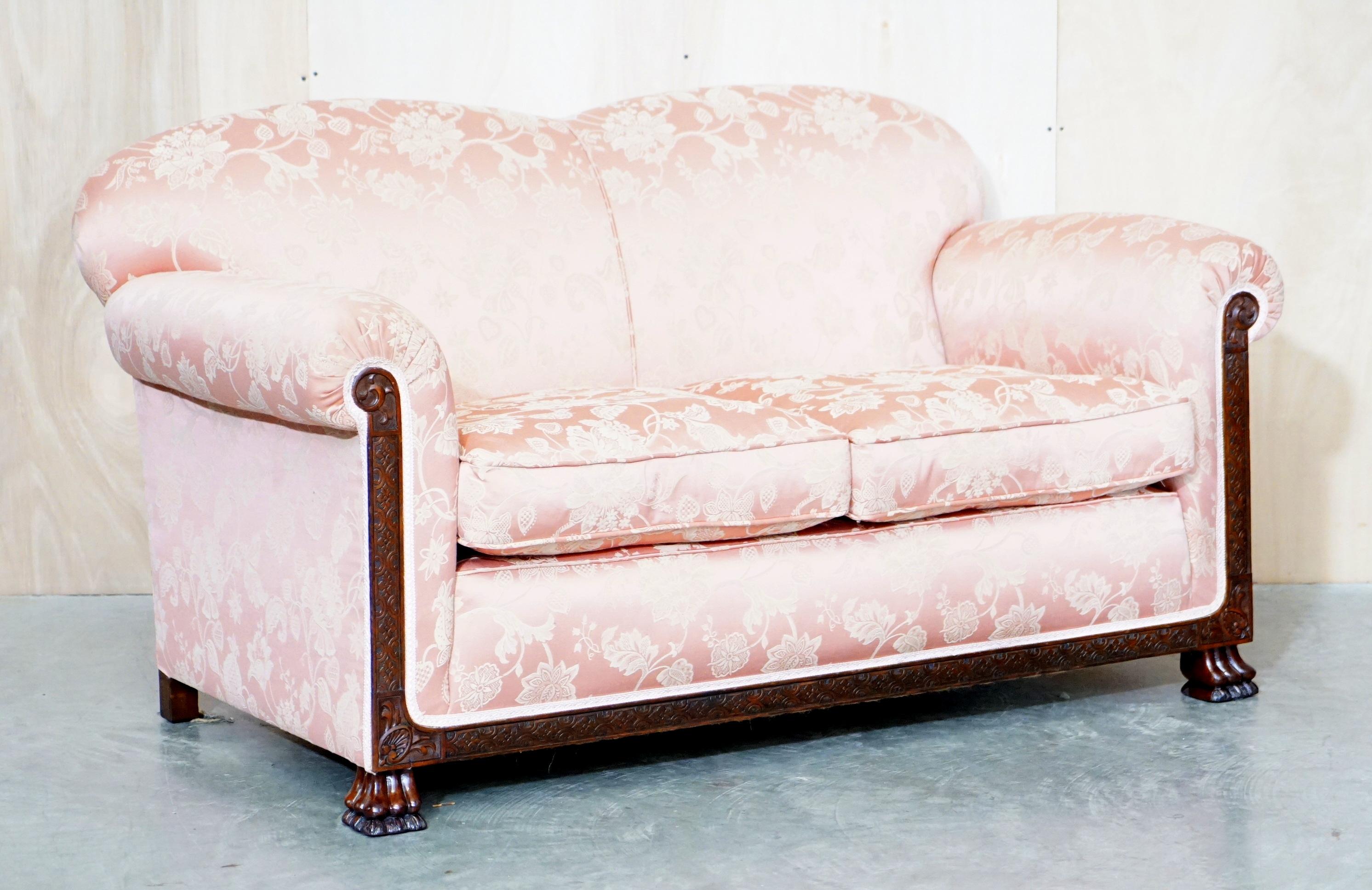 Victorian Sofa & Armchair Suite Pink Silk Upholstery Hand Carved Goat Hoof Feet 9