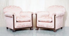 Victorian Sofa & Armchair Suite Pink Silk Upholstery Hand Carved Goat Hoof Feet