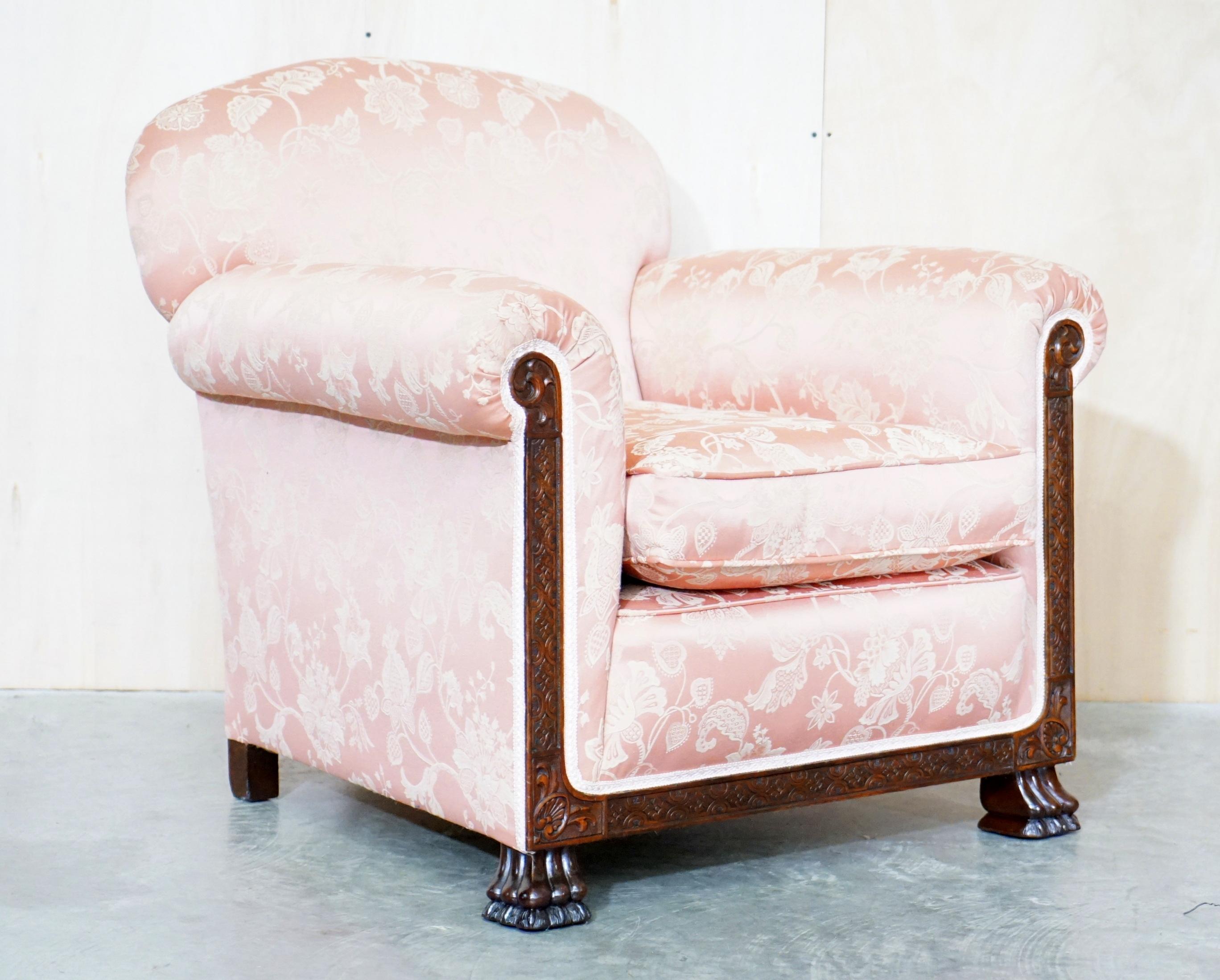 English Victorian Sofa & Armchair Suite Pink Silk Upholstery Hand Carved Goat Hoof Feet